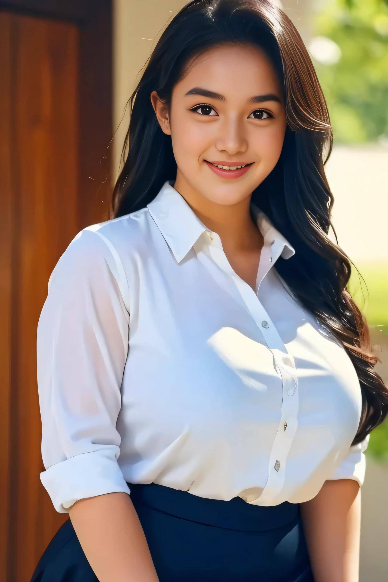 1girl, solo, 19 years old, (uniform), detailed Metropolitan city at the background, portrait, semi-thick breasts, semi-curvy body, smooth realistic skin, cute smile, white shirt, grey blue short skirt, looking at the audience, high angle shot,(8k, RAW photo, best quality, masterpiece: 1.3), (realistic, realistic: 1.37), ultra-high resolution, cowboy shot