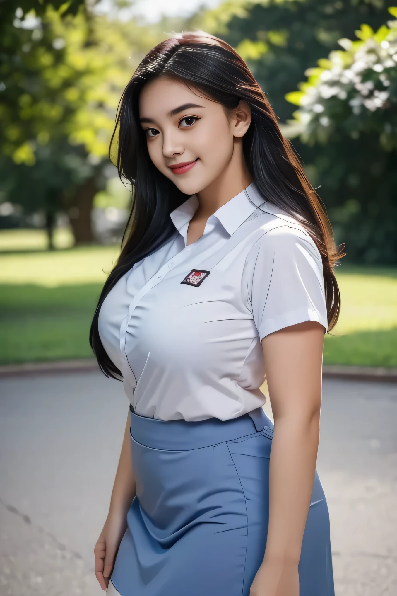 1girl, solo, 19 years old, (uniform), detailed Metropolitan city at the background, portrait, semi-thick breasts, semi-curvy body, smooth realistic skin, cute smile, white shirt, grey blue short skirt, looking at the audience, high angle shot,(8k, RAW photo, best quality, masterpiece: 1.3), (realistic, realistic: 1.37), ultra-high resolution, cowboy shot