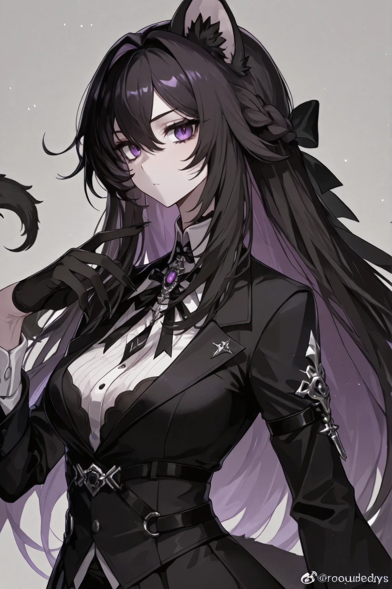 Leoa boys purple and black details, roupa formal, coque no cabelo, detalhes roxo, gothic,