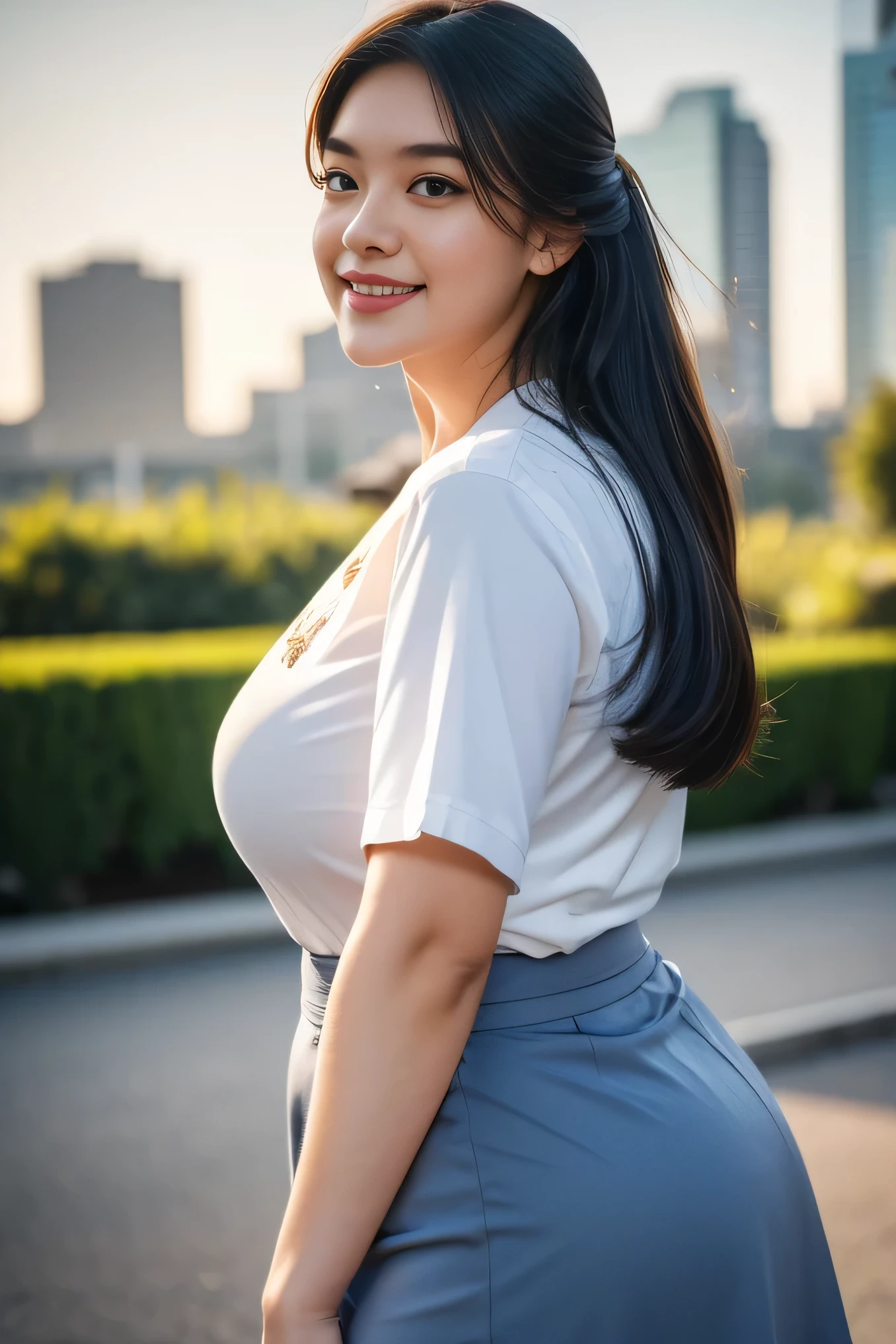 1girl, solo, 19 years old, (uniform), detailed Metropolitan city at the background, portrait, semi-thick breasts, semi-curvy body, smooth realistic skin, cute smile, white shirt, grey blue short skirt, looking at the audience, high angle shot,(8k, RAW photo, best quality, masterpiece: 1.3), (realistic, realistic: 1.37), ultra-high resolution, cowboy shot