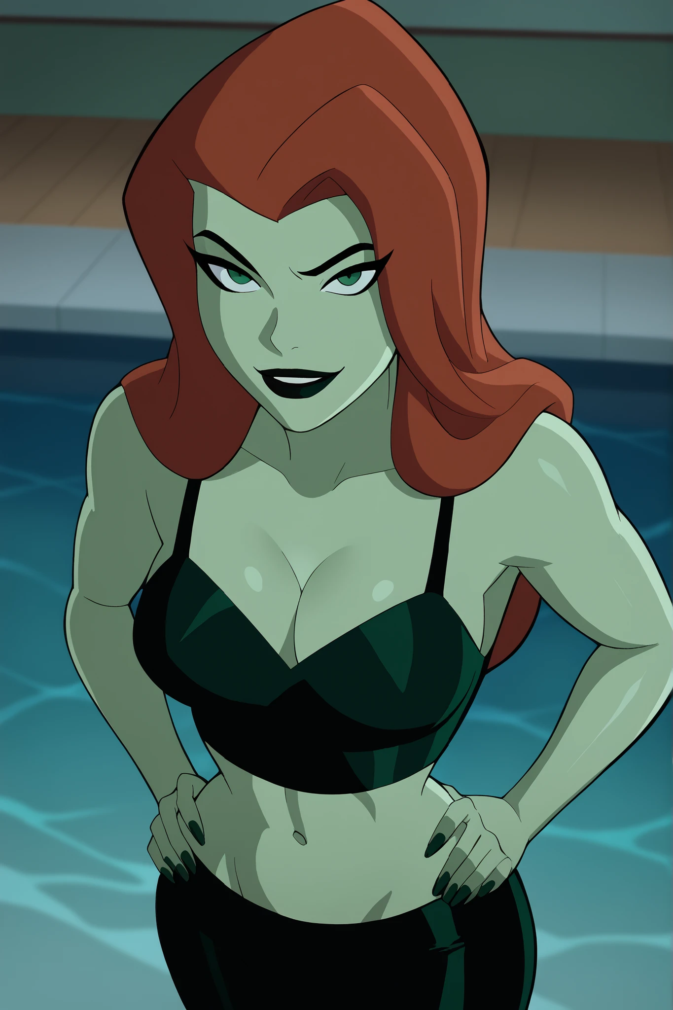 BREAK, score_9_up, score_8_up, score_7_up, score_6_up, poison ivy, 1girl, solo, ginger hair, long hair, black eyebrows, makeup, black lipstick, green skin, looking at viewer, seducing viewer, teasing viewer, best quality, high quality, seductive expression, smile, closed mouth, busty, dark green bikini top, dark green bikini bottom, curvy, athletic, indoors, pool, very large breasts, cleavage, standing, high-angle view, midriff, dark green eyeshadow, closeup, portrait, upper body, hands on waist
