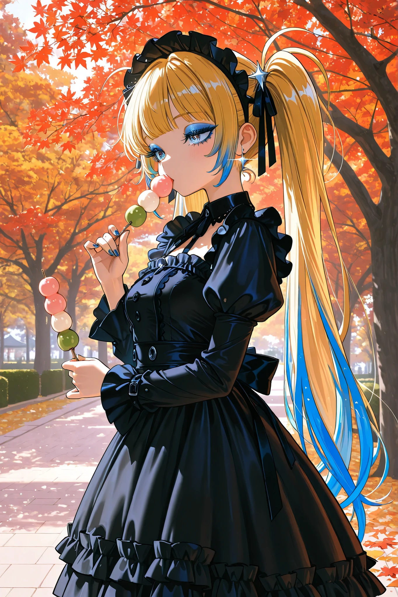 High-quality artwork, masterpiece, 4K, beautiful woman, blonde twin tails (sparkling hair), blue eyeshadow, long lashes, wearing a gothic maid dress, holding a dango, in a park overflowing with autumn leaves