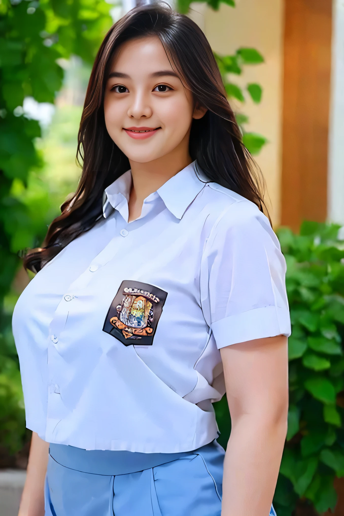 1girl, solo, 19 years old, (uniform), detailed Metropolitan city at the background, portrait, semi-thick breasts, semi-curvy body, smooth realistic skin, cute smile, white shirt, grey blue short skirt, looking at the audience, high angle shot,(8k, RAW photo, best quality, masterpiece: 1.3), (realistic, realistic: 1.37), ultra-high resolution, cowboy shot