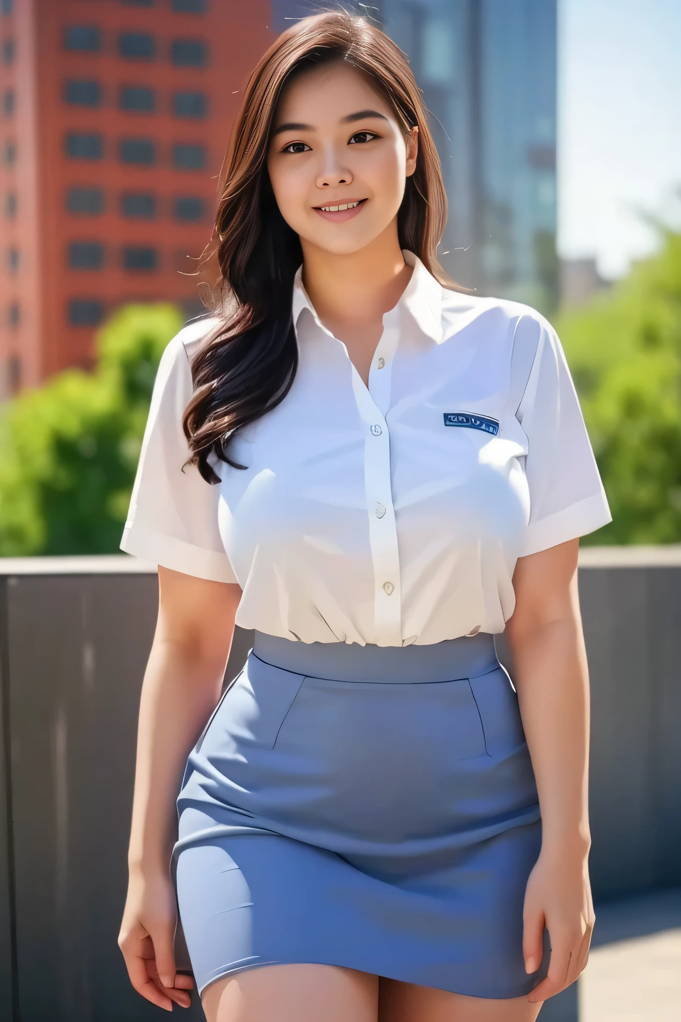 1girl, solo, 19 years old, (uniform), detailed Metropolitan city at the background, portrait, semi-thick breasts, semi-curvy body, smooth realistic skin, cute smile, white shirt, grey blue short skirt, looking at the audience, high angle shot,(8k, RAW photo, best quality, masterpiece: 1.3), (realistic, realistic: 1.37), ultra-high resolution, cowboy shot