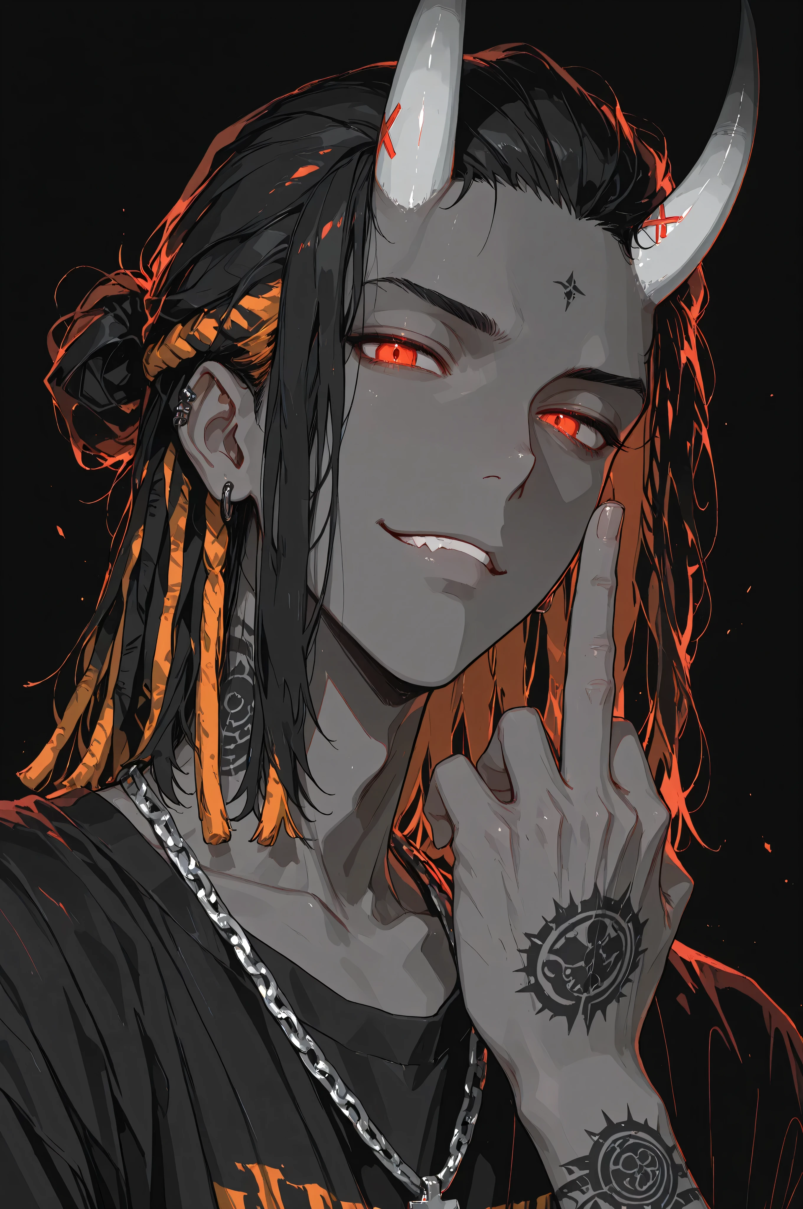 (masterpiece, best quality, detailed eyes, 8k),(anime style, manga, monochrome, grayscale, male focus, portrait, close-up, rebellious, edgy, horns, tattoos, dreadlocks, glowing eyes, offensive gesture, smirk, dark background, high contrast, dramatic lighting, simple background), 1 pale-skinned young male, rebellious expression with a slight smirk, making an offensive gesture with his middle finger. His eyes are solid white and glowing. Small, curved white horns emerge from his head. He has dreadlocks with subtle gold highlights. Wearing a simple black t-shirt and a silver chain necklace with a cross pendant. His right arm is adorned with intricate tribal-style tattoos. Monochrome color scheme, using stark blacks, whites, and grays. Close-up, portrait-style shot from the chest up against a plain dark background. Stylized, manga-inspired artwork.