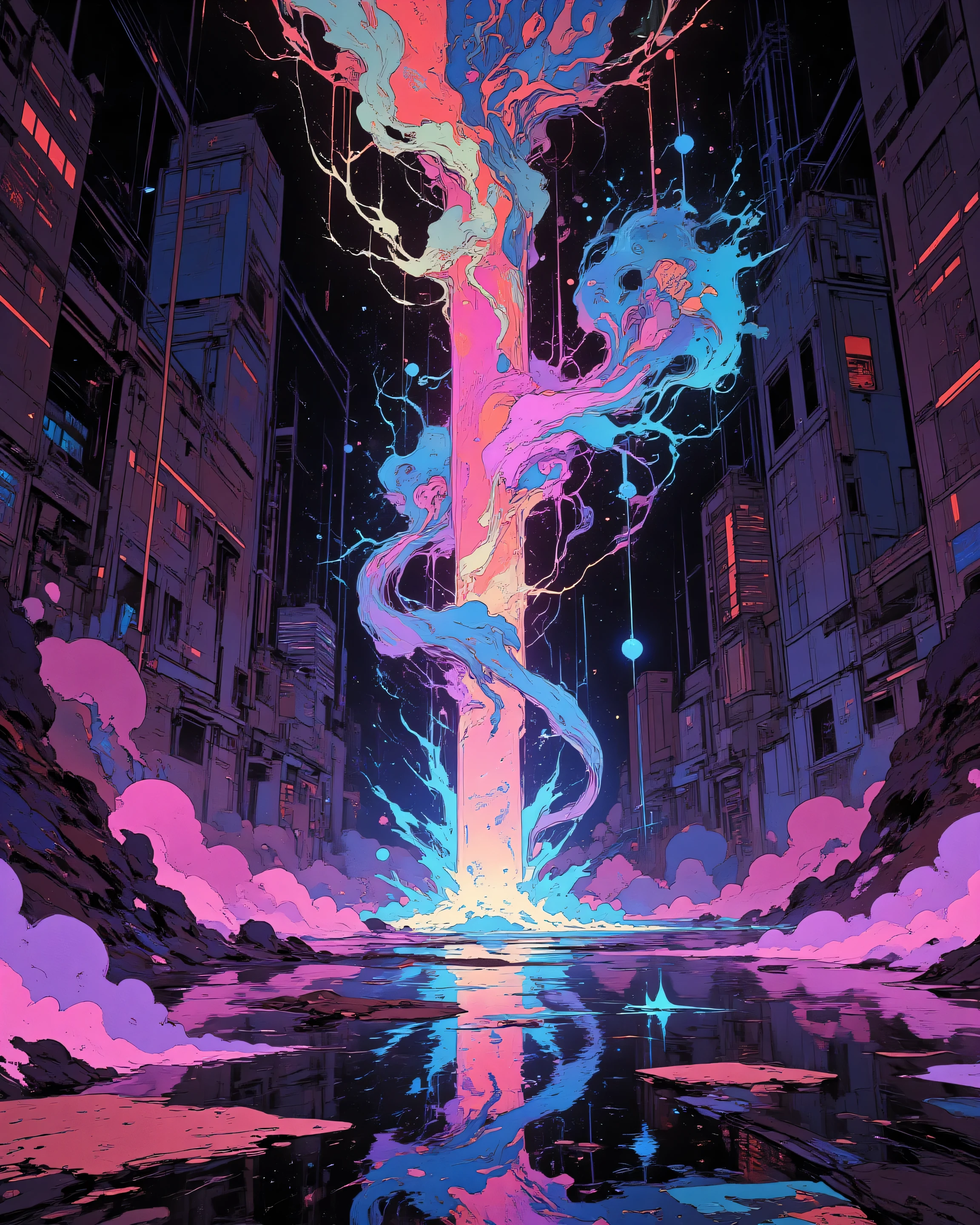 art deco and cyberpunk style, abstract lights and colors, paints, neon . no characters, no people