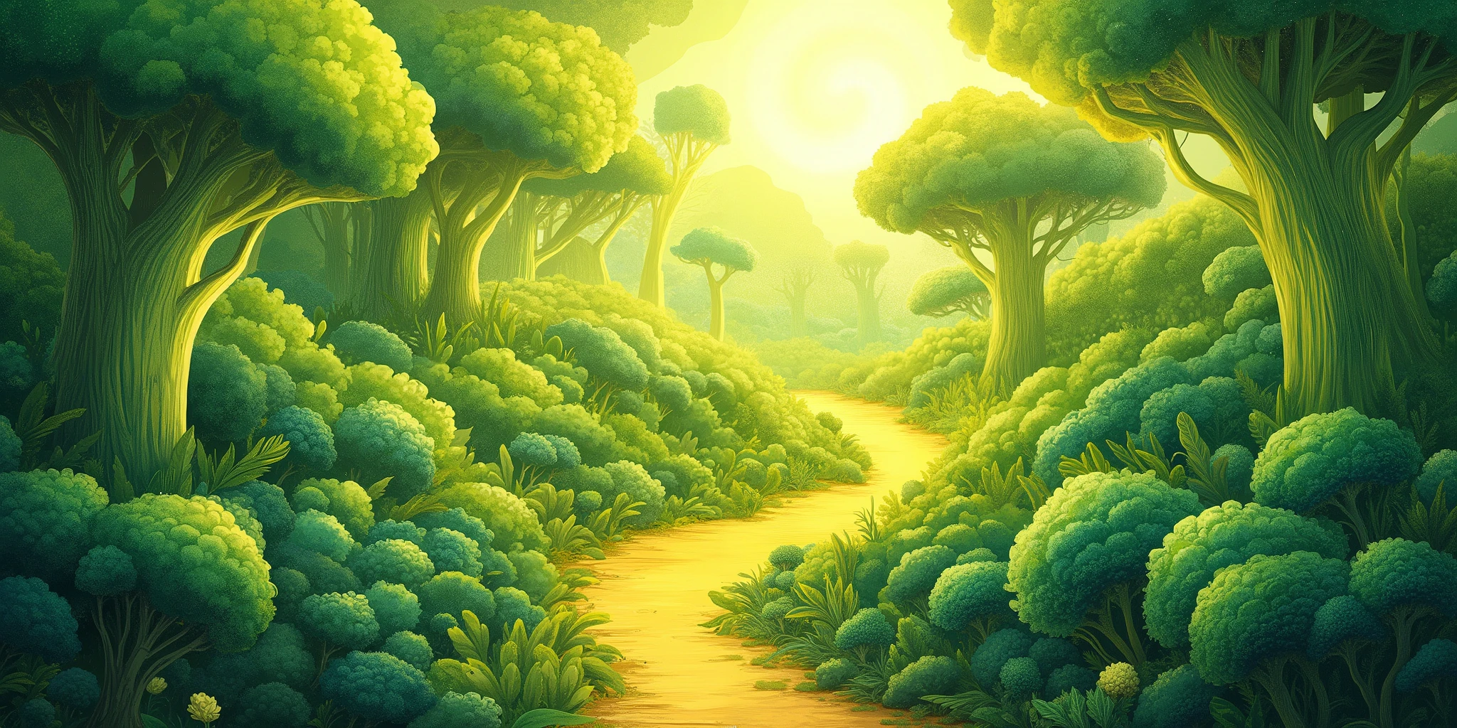 cartoon art style, brocoli forest, no human, sunshine, road to forest