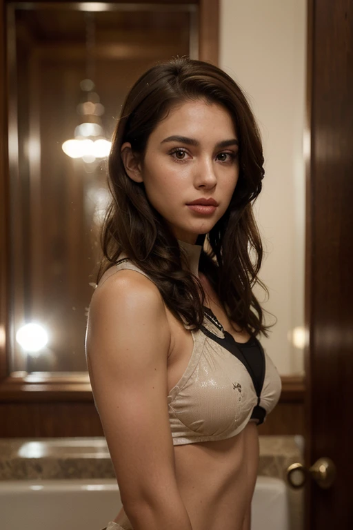 Photo of jortega in her blue cut jacket, blue ,  lack short skirt, rubing her abdomen, solo, blue eyes, reverse bob haircut, medium breasts, full body, muscular abdomen, looking towards her own stomach, up on the roof with in the city of New York in the background, warm atmosphere, photograph, photoshoot, Captured by Panavision Panaflex Platinum Camera with Panavision Primo Primes Spherical Lens 75mm T1.9