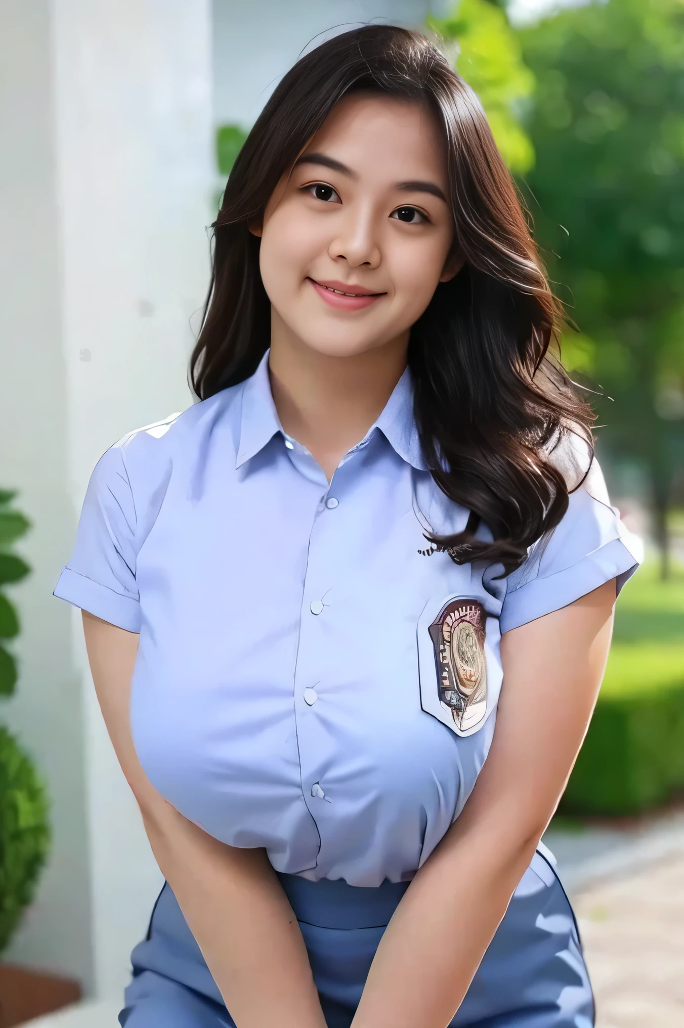 1girl, solo, 19 years old, (uniform), detailed Metropolitan city at the background, portrait, semi-thick breasts, semi-curvy body, smooth realistic skin, cute smile, white shirt, grey blue short skirt, looking at the audience, high angle shot,(8k, RAW photo, best quality, masterpiece: 1.3), (realistic, realistic: 1.37), ultra-high resolution, cowboy shot