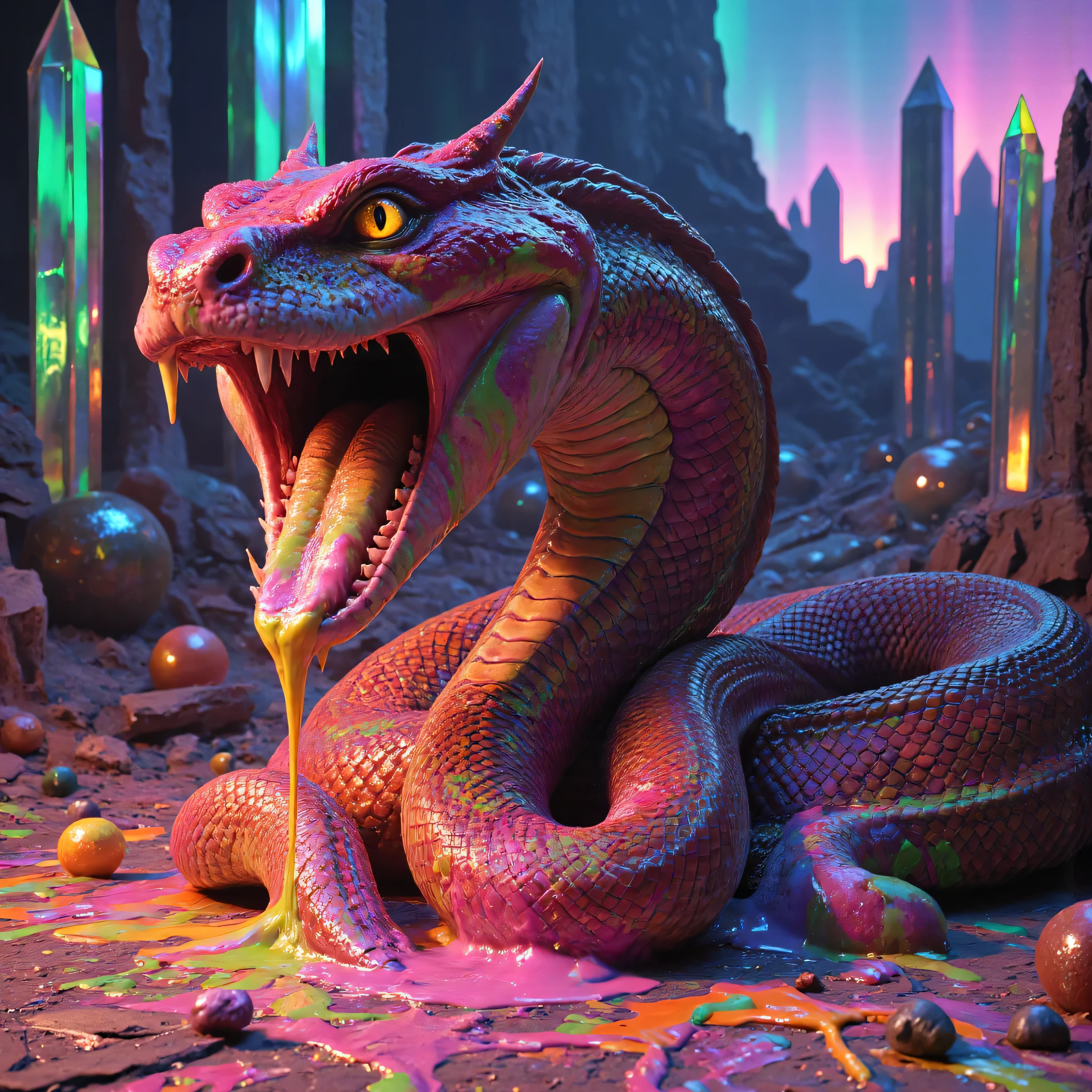 Ultra-realistic, an enormous monstrous entity with the head of a vicious demon combined with a king cobra, snarls and growls while saliva drips off its pointed teeth. Its body is serpentine and very thick and long. Photorealistic, UHD, realistic, portrait photography, cinematic portrait, attention to details of the facial features, textured snake skin, textured dog's head, and hair. Extreme detail on the eyes and teeth. Heavy saliva/drool. Intricate and intense Aurora Borealis, a colorful atmospheric phenomenon going on in the background. A hybrid creature with a demonic looking head seamlessly blending into a massive serpentine body, captured in stunning photorealistic detail, drama, intricate reptilian scales, powerful coils, piercing gaze, bared fangs, dramatic lighting, cinematic composition, dark moody atmosphere, dystopian sci-fi environment, 8k, highly detailed, photorealistic, professional, physically-based rendering, unreal engine, dramatic lighting, dark colors, moody colors. Realistic, Photorealistic, 3D, Ultra-realistic, ultra-detailed, 8k, high-res, physically-based rendering, 3D realism. There are hundreds of quartz crystal formations pointing up and out. Be sure that they are partially translucent and radiate color in the bright full sunlight. There are hundreds of giant quartz crystals, Awesome Site! 8K Octane, Action Painting, Cinematic, Cinematography, Conceptual Art, Fujicolor, Portrait Photography, Surrealism, Unreal Engine, shine and gloss on the crystals, Cinematic Lighting, Glowing Light, Reflection Light, ethereal, dream-like atmosphere, Ultra realistic, UHD, Super Detailed, Best Quality, Award Winning, Masterpiece, Ultra-realistic, photo-realistic, ultra-detailed, 8k, high-res, physically-based rendering, 3D realism. In hues of Pink, Red, Orange, Yellow, green, Cinematic Lighting, Glowing Light, Reflection Light, ethereal, dream-like atmosphere, Ultra realistic, UHD, Super Detailed, Best Quality, Piled up Plastic toys, squirt guns, tricycles, dolls, action figures, ball bats, frisbees, yo yos and many other toys in all different vibrant colors melted with incredible heat, as the different colors move down towards the viewer and run together they come in contact with acid and bubble ferociously, then coming closer to the viewer the run together colors jump off the surface they are on and are coming right at the viewer's eyes as the image is captured in stunning 3D, macro photography, perspective from above,3D Rendering, 8K Octane, Action Painting, Artistic, Cinematic, Hyperrealism, Photorealistic, Realism, Depth Of Field, Symmetry, Vanishing Point, 3D Isometric, In a room with mirrors for walls, glass is morphing from colors inside of intricate rainbow patterns, perfectly formed symmetrical spheres and glowing reflective portals are everywhere melting into fizzy neon patterns carpeting the ground. Attention to detail on the color twisted in and out of translucent orbs, spilled paint and spirals of swirling color in the background, beautiful psychedelic digital art, neon colors, 4d mandelbulb psychedelics, glass-like psychedelic landscape, intricately carved out environment, psychedelic underwater brightness, trails of color and light, bright fluorescent colors, very bright vibrant colors, neon colors, colorful paint drips out of the portals then gets tucked back in to whirlpooling vortexes. 3D colors melting into each other spilling out into hallucination-inducing, startling, stunning images, awe-inspiringly, best quality wallpaper, UHD, high details, high quality, super detailed, best quality, award-winning, masterpiece