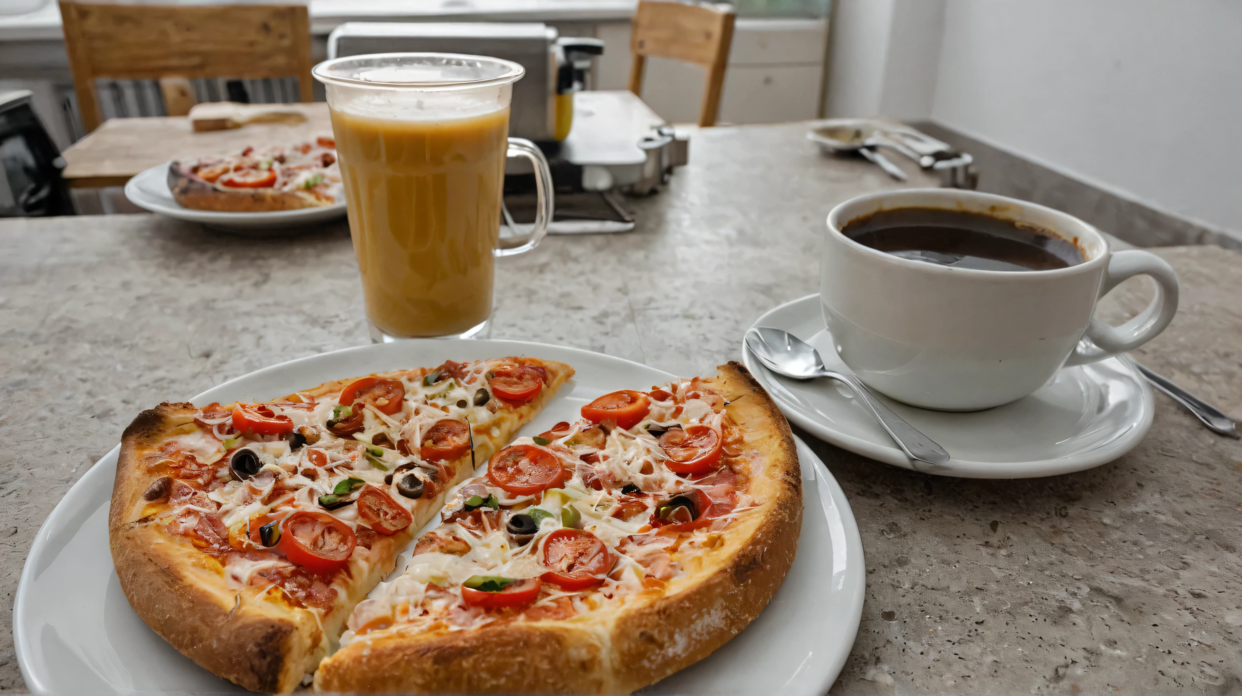 pizza toast for breakfast。coffee。Asahi and Kitchen。