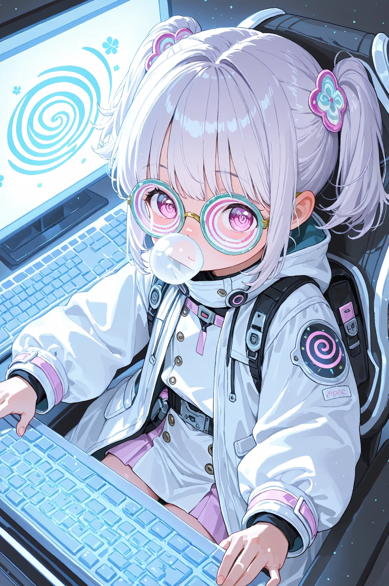 １Little Girl （Top quality futuristic depiction）with her head on a PC keyboard、Swirl Glasses、in a white coat、from above、Below her waist is buried in a futuristic supercomputer。nose bubble、Swirl Glasses