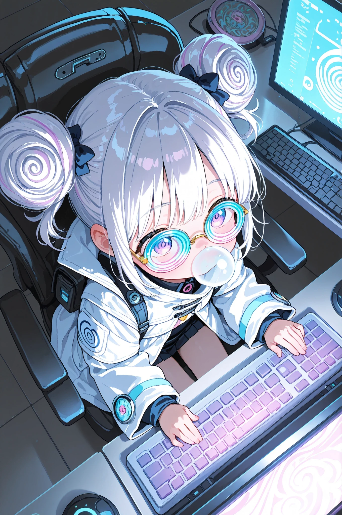 １Little Girl （Top quality futuristic depiction）with her head on a PC keyboard、Swirl Glasses、in a white coat、from above、Below her waist is buried in a futuristic supercomputer。nose bubble、Swirl Glasses