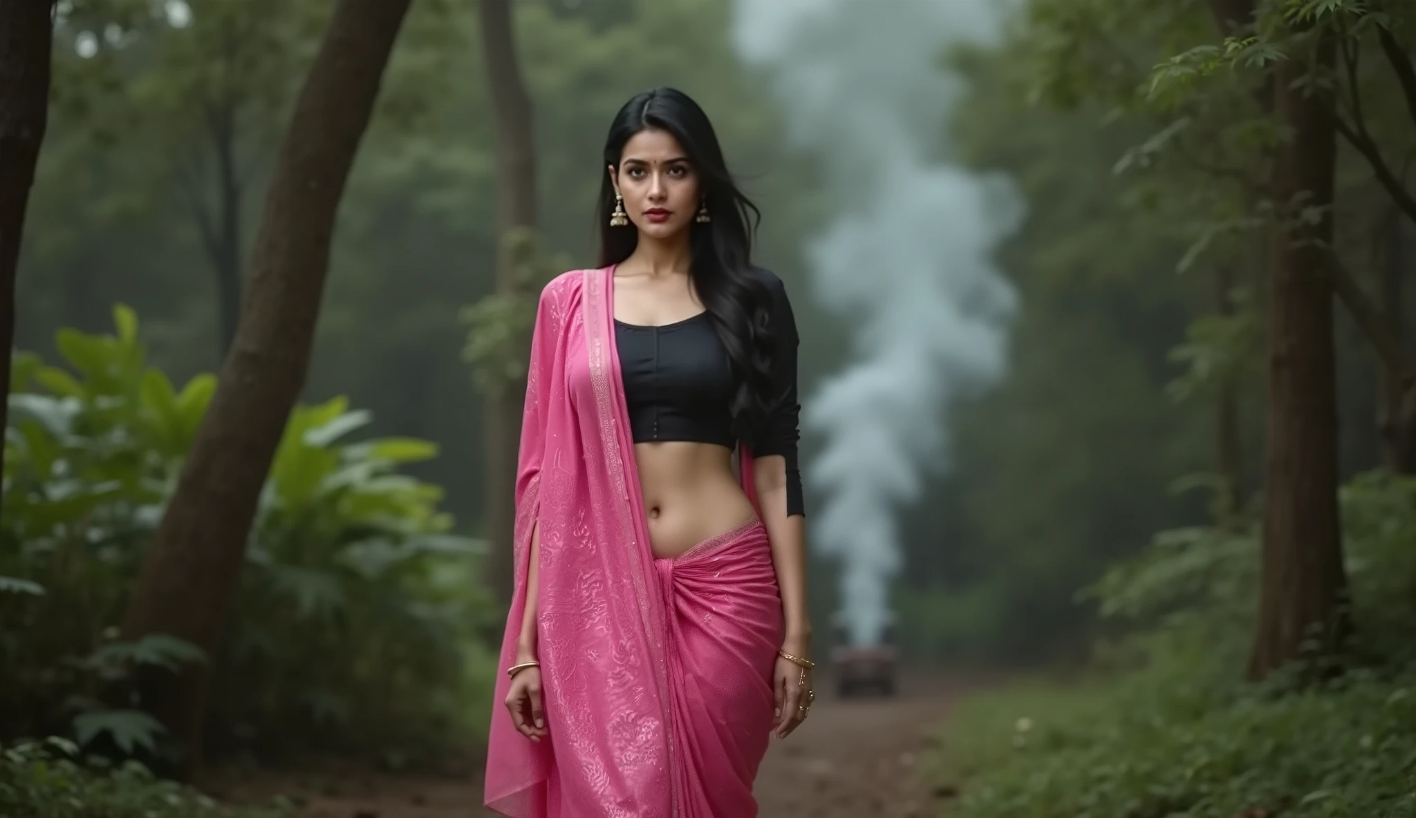 Full hd image of a indian 25 years old girl wearing pink shimmer saree black shimmer half sleeves torn blouse. Smoke is visible in the distance in the forest, and the woman goes towards it.