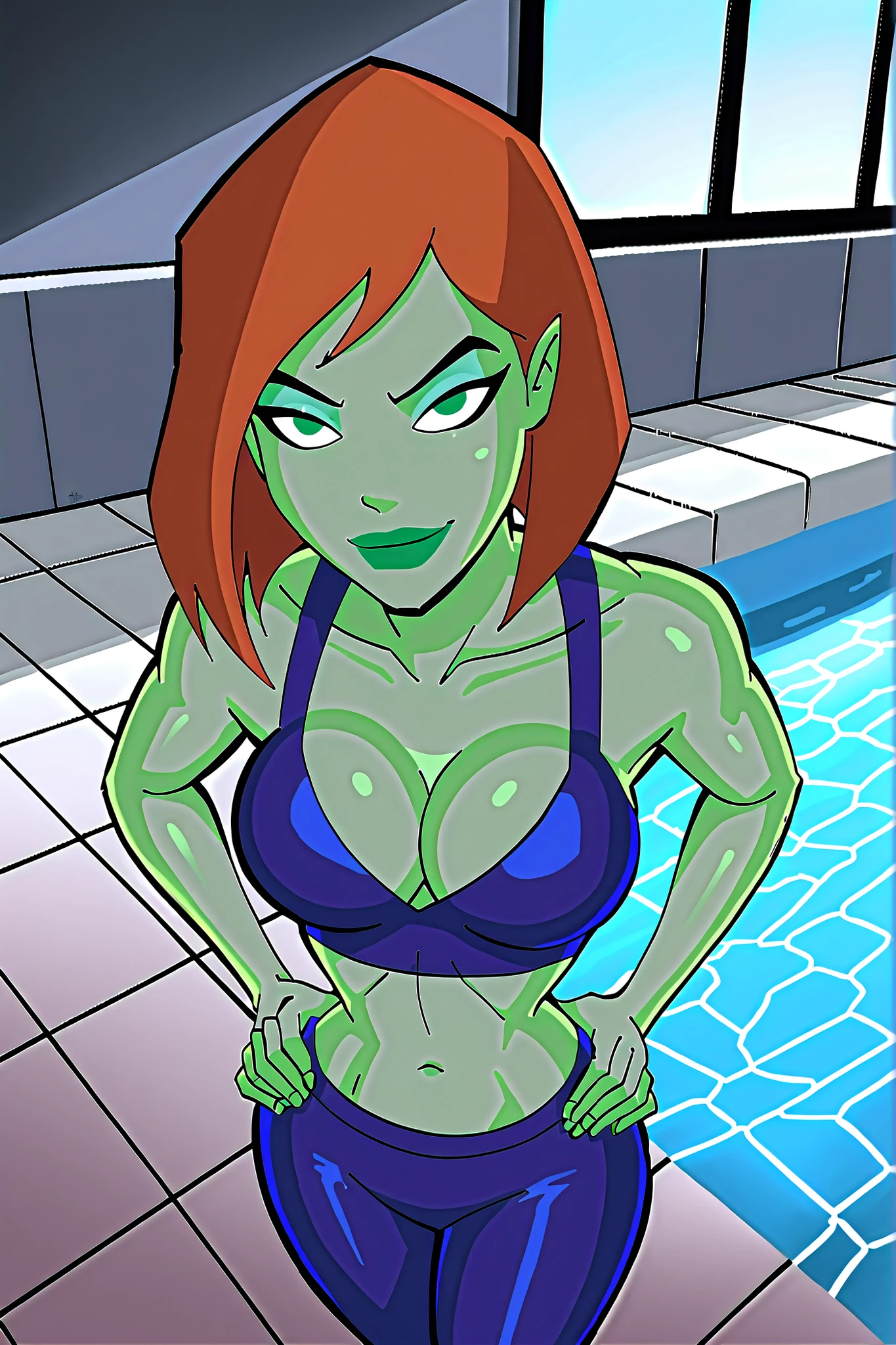 BREAK, score_6_up, score_7_up, score_8_up, score_9, 1girl, solo, green skin, green eyes, orange hair, green lipstick, makeup, Megan, superhero, very , busty, cleavage, curvy, athletic, looking at viewer, seducing viewer, teasing viewer, expression, smiling, closed mouth, bedroom eyes, blue top, blue bottom, indoors, pool, standing, closeup, portrait, upper body, high-angle view, dark blue eyeshadow, hands on waist, midriff, shoulders