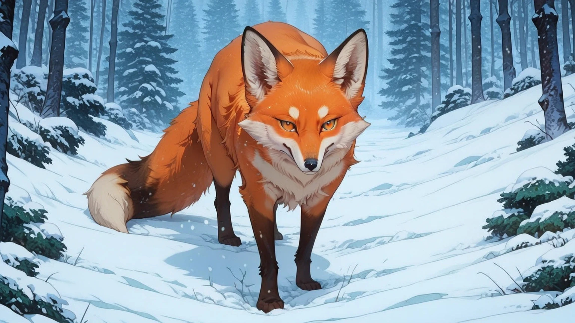 Manga adaptation, score_9, score_8_up the side, score_7_up the side, score_6_up the side, source_anime, anime screencap, hdr, sharp image, anime coloring, line art, best quality, masterpiece, official art, highres, absurdres, cinematic, amazing quality, 4K, 8K, wallpaper background, anime_coloring, wallpaper, extremely detailed, anime aesthetic wallpaper quality, aniwall, 8k wallpaper, detailed, fox, sharp fox, orange fox, thick fur fox, realistic fox, hunt stance fox, detailed fox, finely detailed fox eyes, perfectly drawn fox fur, dangerous fox, menacing fox, fox full body, looking at viewer, fox centered in frame, face toward viewer, pine forest covered in snow, snow, snow on ground, dense pine forest, pine trees scattered around randomly, ((bushs, bush, greeen bush)), fox stepping out of a bush, fox hidden in a bush, (fox near a bush, fox near green bush), single fox, beautiful fox, sharp fox, detailed pine forest in snow, big trunk, luxurious bush