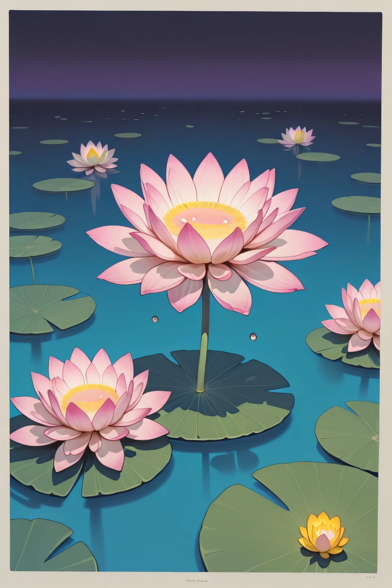 no lineart,no outline,,haiz_ai,karasuchan1204,A majestic lotus flower dominates the canvas, rendered in serene hues of blue and purple. Its petals, meticulously detailed, range from deep indigo at the base to a lighter lavender near the tips, creating a gradient that suggests depth and luminosity. Water droplets cling to the petals, reflecting ambient light and adding a sense of freshness to the scene. Surrounding the central bloom are smaller lotus buds, poised to bloom, each echoing the color palette of the main flower. Wide lotus leaves stretch across the water's surface, painted in shades of teal and seafoam green, their edges gently curling. The water beneath is calm and mirrors the flora above, infused with lily pads that create a rhythmic pattern. The atmosphere exudes tranquility and harmony, highlighted by a soft, diffused light that accentuates the intricate beauty of the lotus, suggesting a peaceful garden scene, perhaps at dawn or dusk.