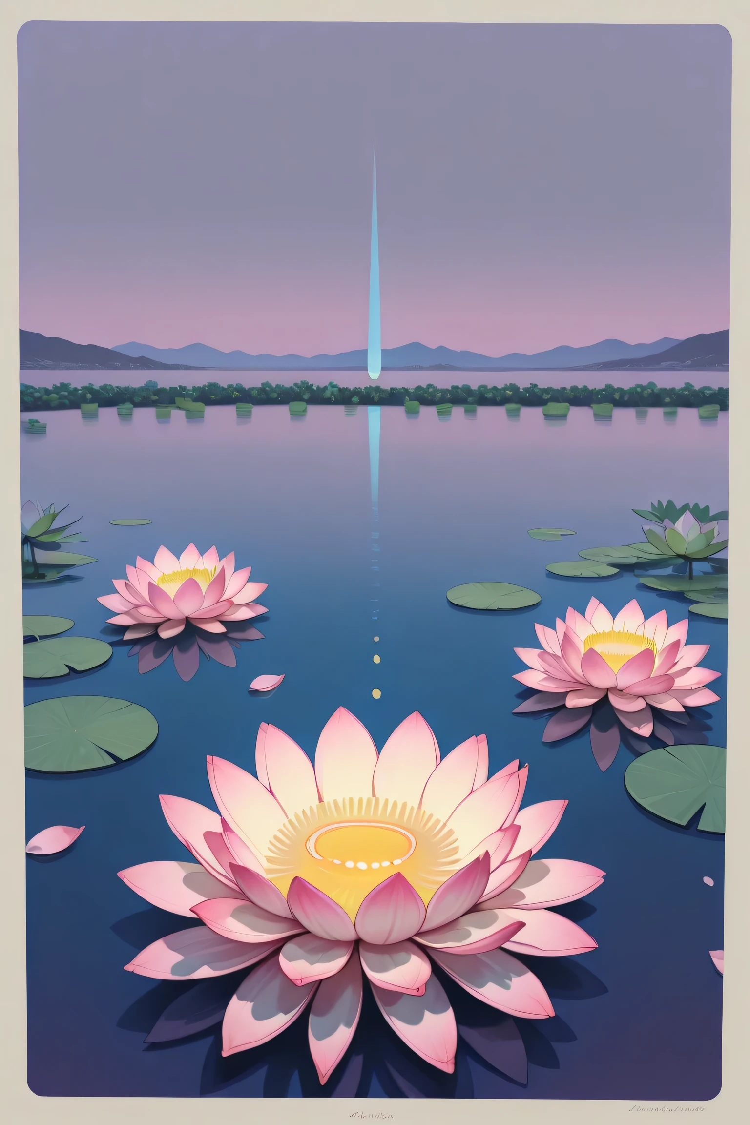 no lineart,no outline,,haiz_ai,karasuchan1204,A majestic lotus flower dominates the canvas, rendered in serene hues of blue and purple. Its petals, meticulously detailed, range from deep indigo at the base to a lighter lavender near the tips, creating a gradient that suggests depth and luminosity. Water droplets cling to the petals, reflecting ambient light and adding a sense of freshness to the scene. Surrounding the central bloom are smaller lotus buds, poised to bloom, each echoing the color palette of the main flower. Wide lotus leaves stretch across the water's surface, painted in shades of teal and seafoam green, their edges gently curling. The water beneath is calm and mirrors the flora above, infused with lily pads that create a rhythmic pattern. The atmosphere exudes tranquility and harmony, highlighted by a soft, diffused light that accentuates the intricate beauty of the lotus, suggesting a peaceful garden scene, perhaps at dawn or dusk.