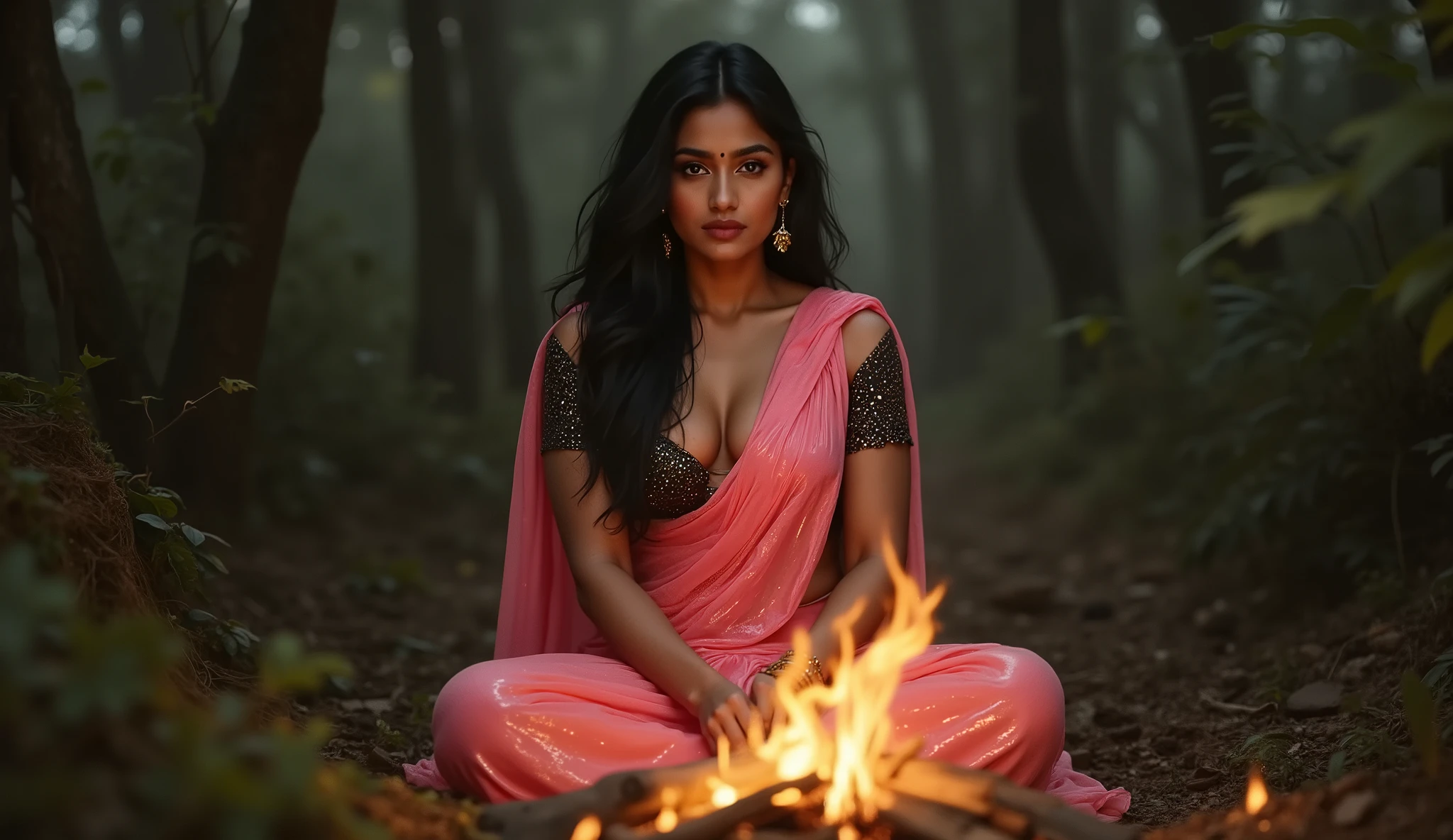 Full hd image of a indian 25 years old girl wearing pink shimmer saree black shimmer half sleeves torn blouse. Sitting in front of born fire in scary forest 