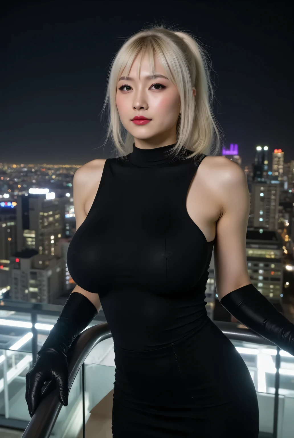 A photo taken by a drone.
Night view from the rooftop of a skyscraper.
The entire area is pitch black. Neon tubes.
She's wearing a black, high-necked sleeveless shirt.
A long black skirt. Tight-fitting black gloves.
Super beautiful Japanese woman. Long upturned eyeliners, red lips.
Platinum blonde wavy ponytail.
Best quality, very detailed, masterpiece.