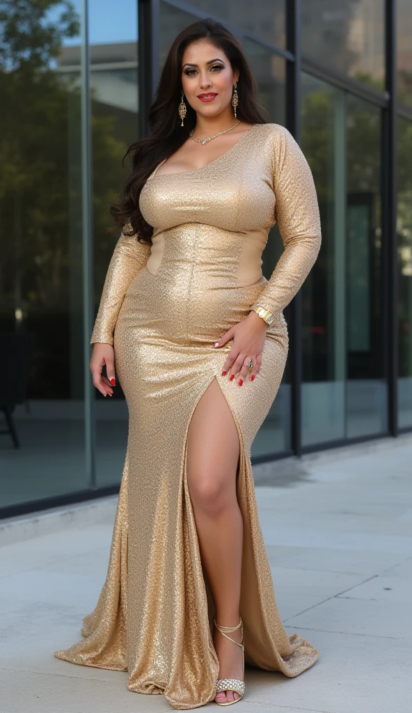 ((best quality, 8K, masterpiece: 0.8)), Smiling fat woman  ((best quality)), ((masterpiece)), (detailed), Perfect face, Fat Chinese woman in a gold lace long-sleeved dress and a gold short skirt, thickness, She has a small belly, bbw酱, Wear tight and  clothes, Thin waist and thick , Widest , Soft curves, hyperPractical full figure, Wearing a cute top, Wide , ,Long legs,, thickness, Beautiful plump woman, Beautiful curvy women,, Big goals，Clear curve details, Curvy hourglass figure, Charming plus size models, bbw酱, full image, Surface Model, Curvy body, （full-body shot）blush, 1girll fat , become a, , Golden Ratio,(Korean Idol),(White and tender skin:),High quality background, HD, Practical, HDR. pedestrian mall，Skin as white as paper，High heel，It was raining in the sky，Car Model，Auto Show