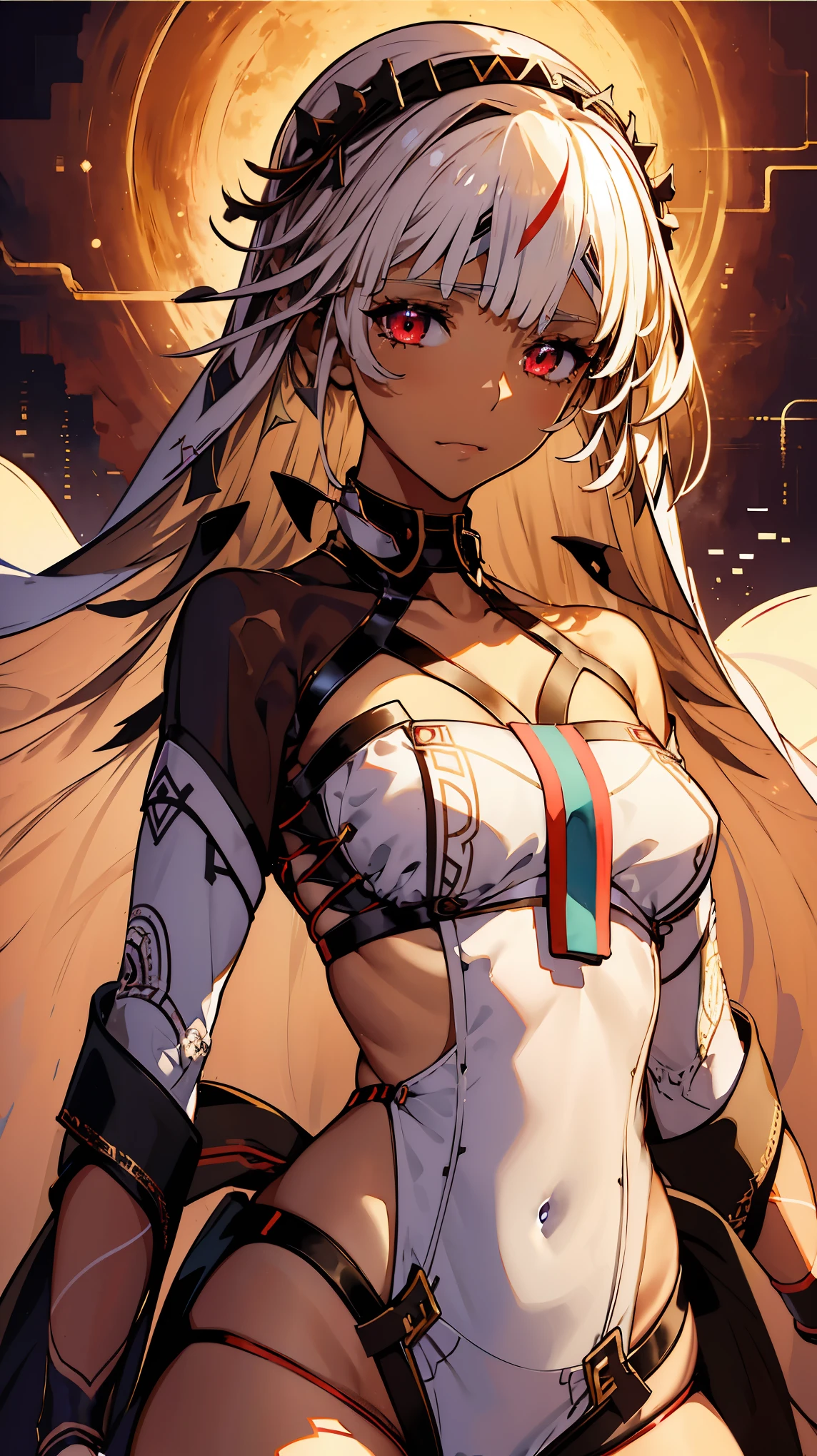 (intenseglare),(Fate Grand Order), braune Haut, glowing_Augen,Meisterwerk, best quality, Offizielle Kunst, 8k Tapete, hochdetailliert, Illustration, beautiful Augen, soft smile , Tuschmalerei,small breasts, 1 girl,(upper body), realistisch,red Augen,