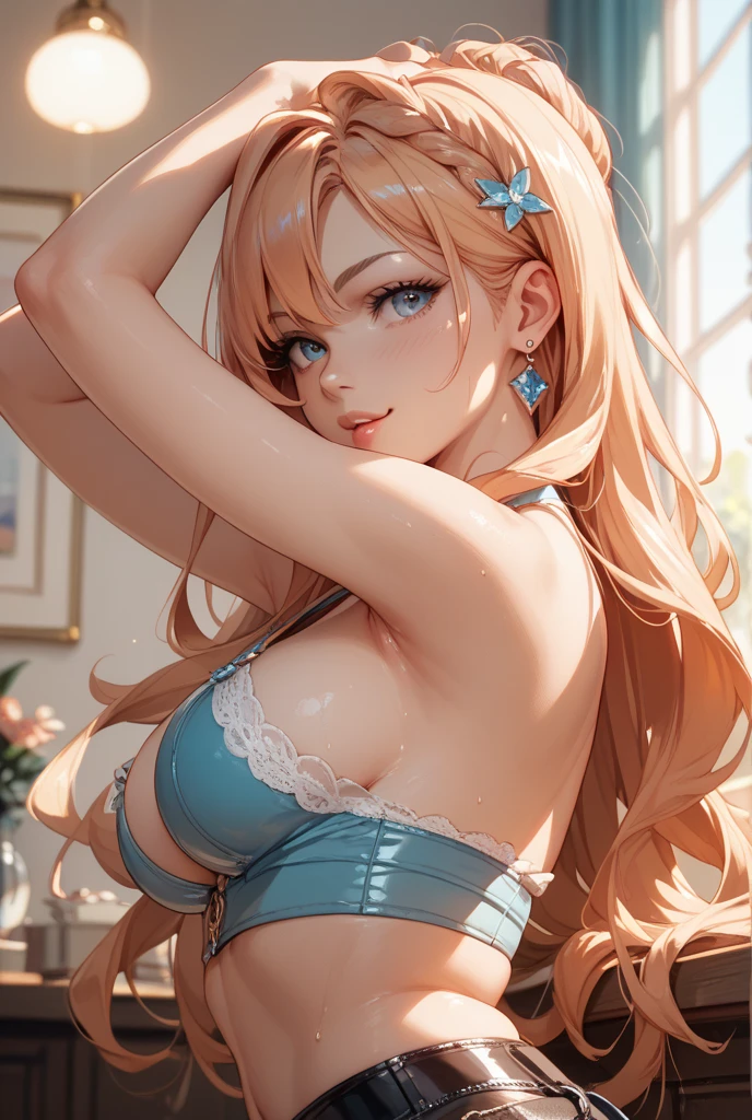 Masterpiece, high quality, 8k, ultra detail, ((kamisatoayakarnd)) standing, night,outdoors, (bandeau), navel, (shorts), (off shoulders), choker, smile, armpit, large 