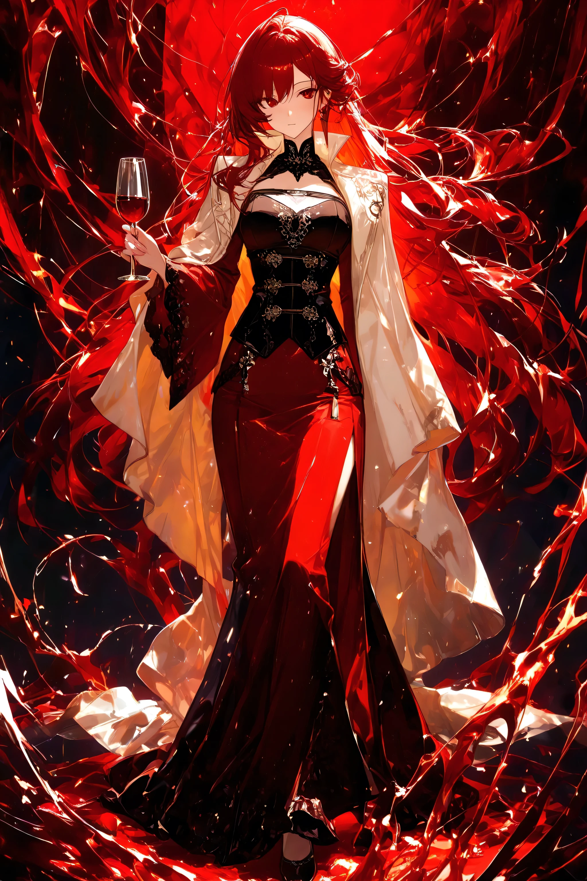 a detailed anime-style character , human, standing, full body, front view ,high quality, detailed eyes, intricate details, holding wine ,red,soft lighting, sharp focus, semi real,8k, anime character, vibrant colours , delicate features,detailed eyes, contemplative pose, head slightly turned,She wears a fitted,bodice with intricate vertical paneling, flowing into a dramatic, high-slit skirt that fades from deep to light at bottom. A long, ethereal, light cape with wide sleeves drapes over the shoulders, . The overall design emphasizes sharp angles, a high collar. Perfectly framed , nothing cropped out , fully visible , ( nothing cropped out :1.4)"