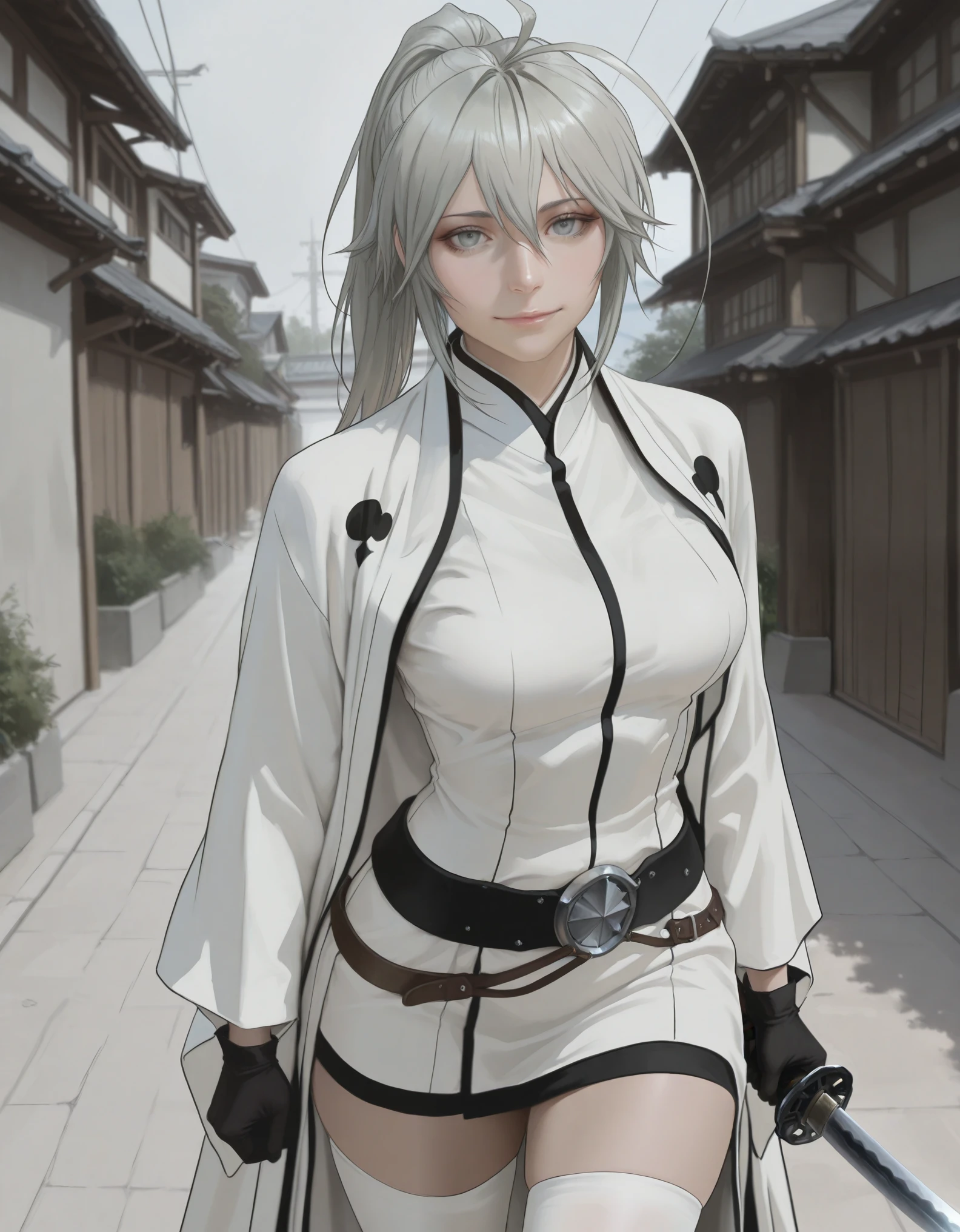 pseudo-realistic, semi-realism, realism, realistic, masterpiece, best quality, amazing quality, absurdres, newest, 1girl, solo, mm, mature female, long hair, ponytail, ahoge, grey hair, grey eyes, breasts, japanese clothes, gloves, white thighhighs, belt, kimono, white haori, holding katana, light smile, outdoors, looking at viewer, Arrancar_outfit