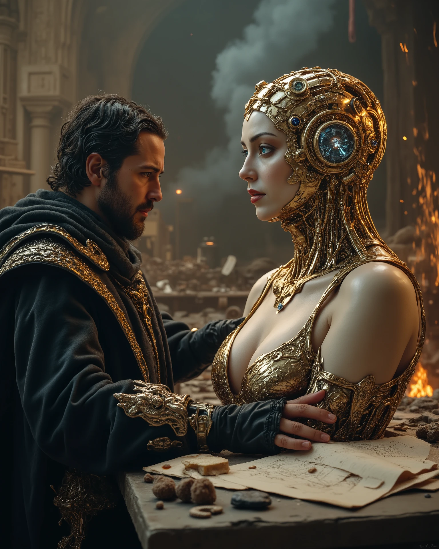 Dark Renaissance steampunk oil painting, masterpiece, ultra-detailed, 8k. Storm-lit workshop, broken gears, torn blueprints, sparks and smoke. Female android, porcelain + brass + copper, glowing veins, crystalline eyes open, intense gaze at inventor. Semi-nude sculptural pose, elegant but ominous. Inventor adjusting collar mechanism, unaware, velvet and gold garments. Dramatic chiaroscuro, cold metallic hues clashing with warm light. Theme of creation, rebellion, life vs machine.