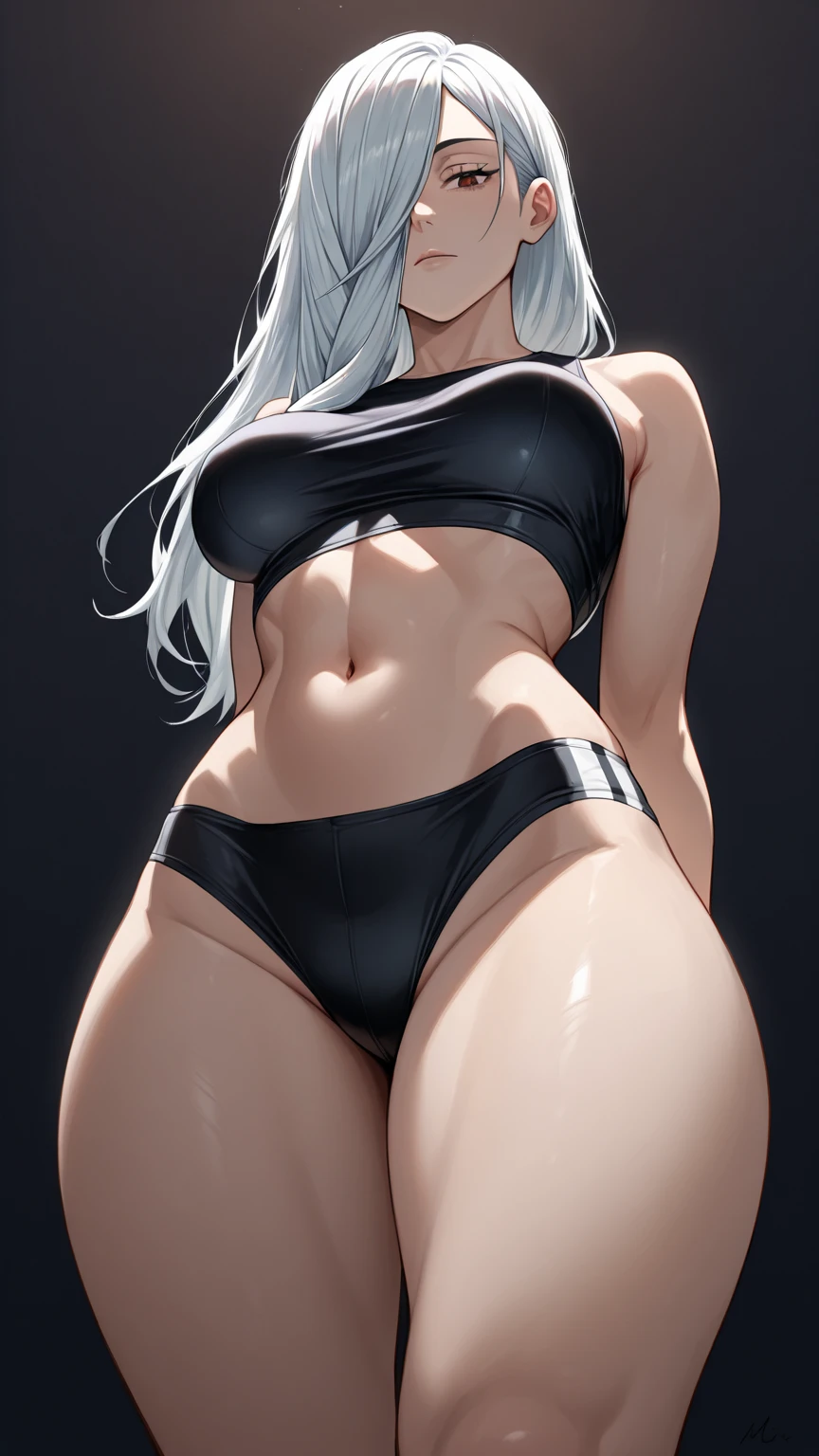 (best quality)), ((masterpiece)), (detailed), perfect face, white hair, white cat ears, white cat tail, DD cup , thick thighs, crazy love eyes, glowing red eyes, smirking, latex short crop top, latex panties, thigh high stockings, posing, cupping 