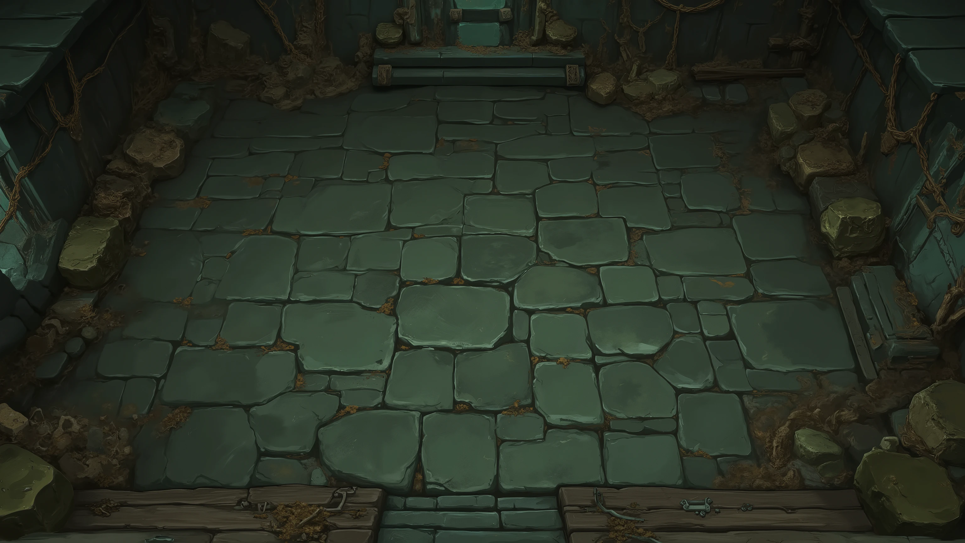 Quality_masterpiece, (highest quality, best quality), Direct view from above, Direct top view, Above view, View from above, Top view, Top perspective, underground chamber, 2.5D view of a subterranean room. Slightly angled top-down perspective showing a stone floor with textured dark gray-green surface. Ancient metal chains and rusted implements hang on the damp walls. ((ratatatat74))