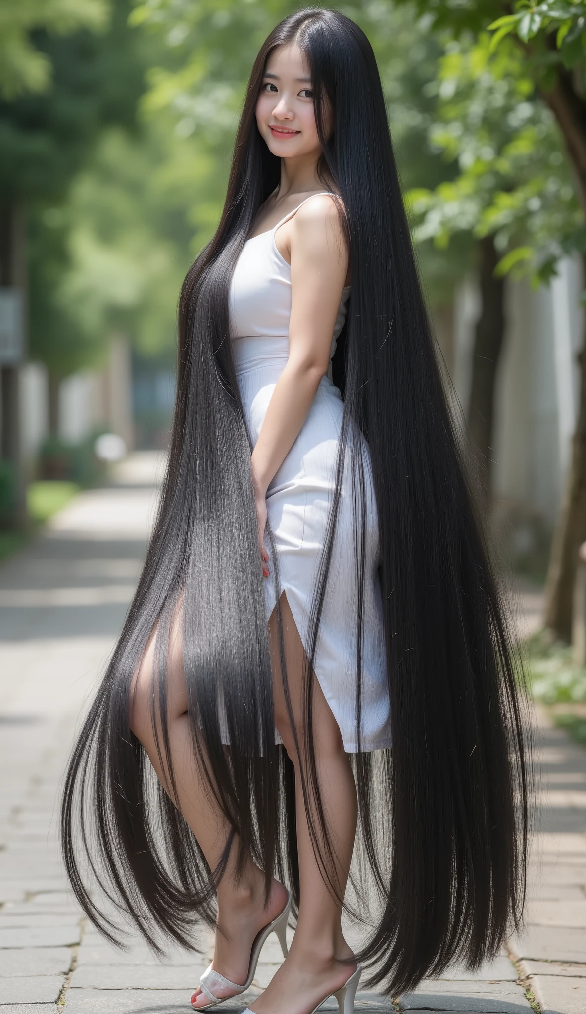 (classics, surreal, 8k, extremely detailed, cinema light, sharp focus)  
A very cute Vietnamese girl with dimpled cheeks and light white skin, standing in a street garden, recorded in a 3/4-sided angle.  

Hair is the main point: super long   (over 2 meters, floor-length ), extremely straight,  very thick , whopping, heavy black hair with a natural sheen. The long back hair drops clearly down her back, spread on the ground behind and around her feet. Each strand is very well detailed,  natural flow .  

 outfit : She wears a cordless blouse, Sleeveless, tight white tube dress, a tight jean mini dress, a dark pink shirt with a belt around the waist, a stylish white blazer on the upper body, and elegant white heels. Her body is natural and well-proportioned.  

Full body shot from 8 meters away, natural proportions. Both hands are real jellyfish with 5 natural fingers.  

- negative reminder: ( bad anatomy , short hair,  hair cut ,  hairlessness , back hair lost, tangled hair, translucent hair,  thin hair , unrealistic hair ,  bad hand , missing finger, extra fingers, fused finger, mutant hand, chi thừa, monstrous , distorted body, translucent, low quality, TEXT, watermark) neat nail, hand full of 5 fingers clearly visible