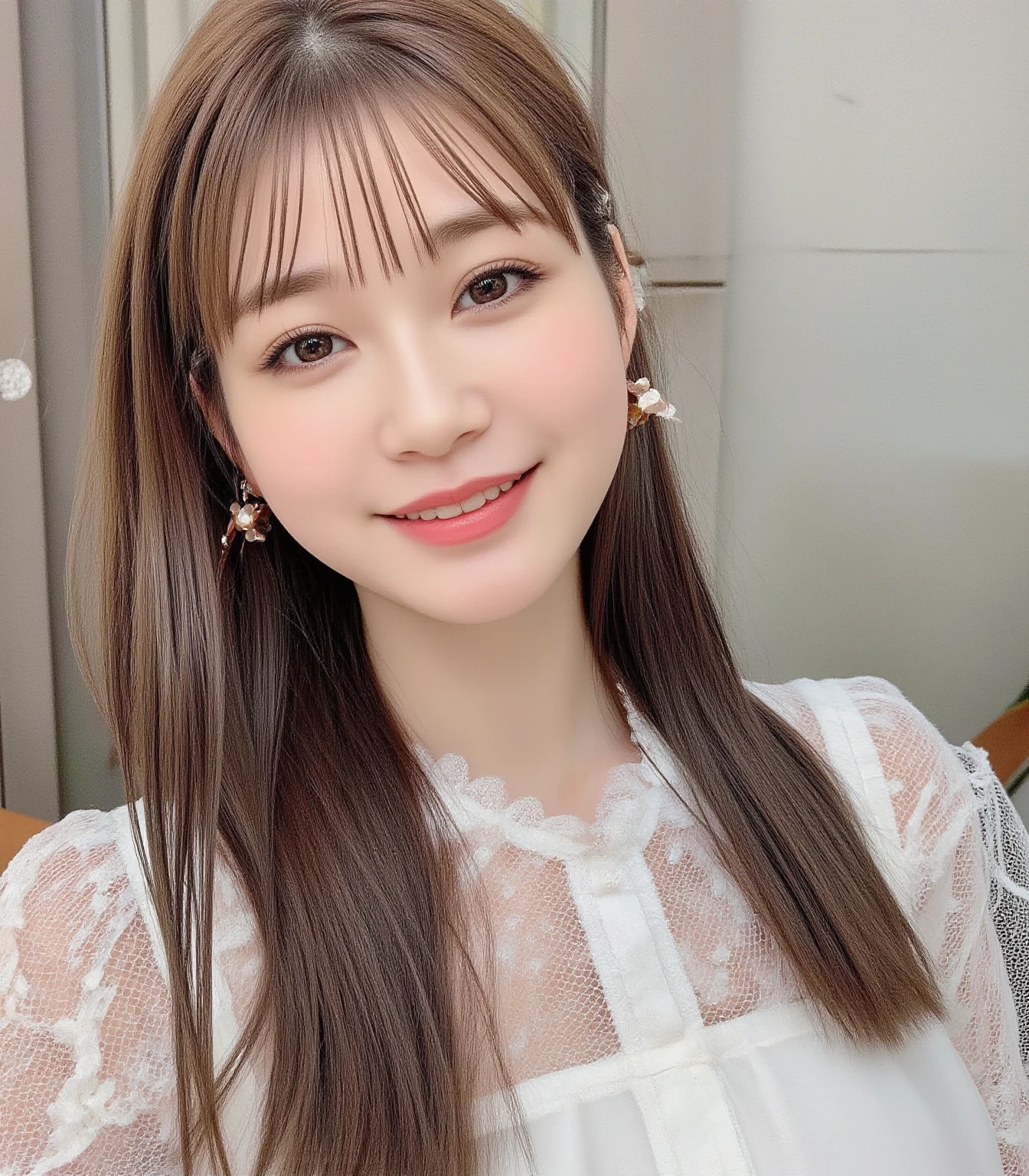 (A hyper-realistic), (illustratio), (hight resolution), (8K), (ighly detailed), (The best illustrations), (Beautiful detailed eyes), (top-quality), (ultra-detailliert), (​masterpiece), (wall-paper), (Detailed face), (beautiful smiling face)、(Beautiful face)、Long、Earrings with bangs、solo、(((Cute Japan Beautiful Girl)))、  Japan beautiful girl 25 years old))、 ((Baby face))、(((G Cup Big)))agitation、real looking skin、Hair fluttering in the wind、date、Dating Scenes、Date scene、Beautiful clothes、Date Clothes