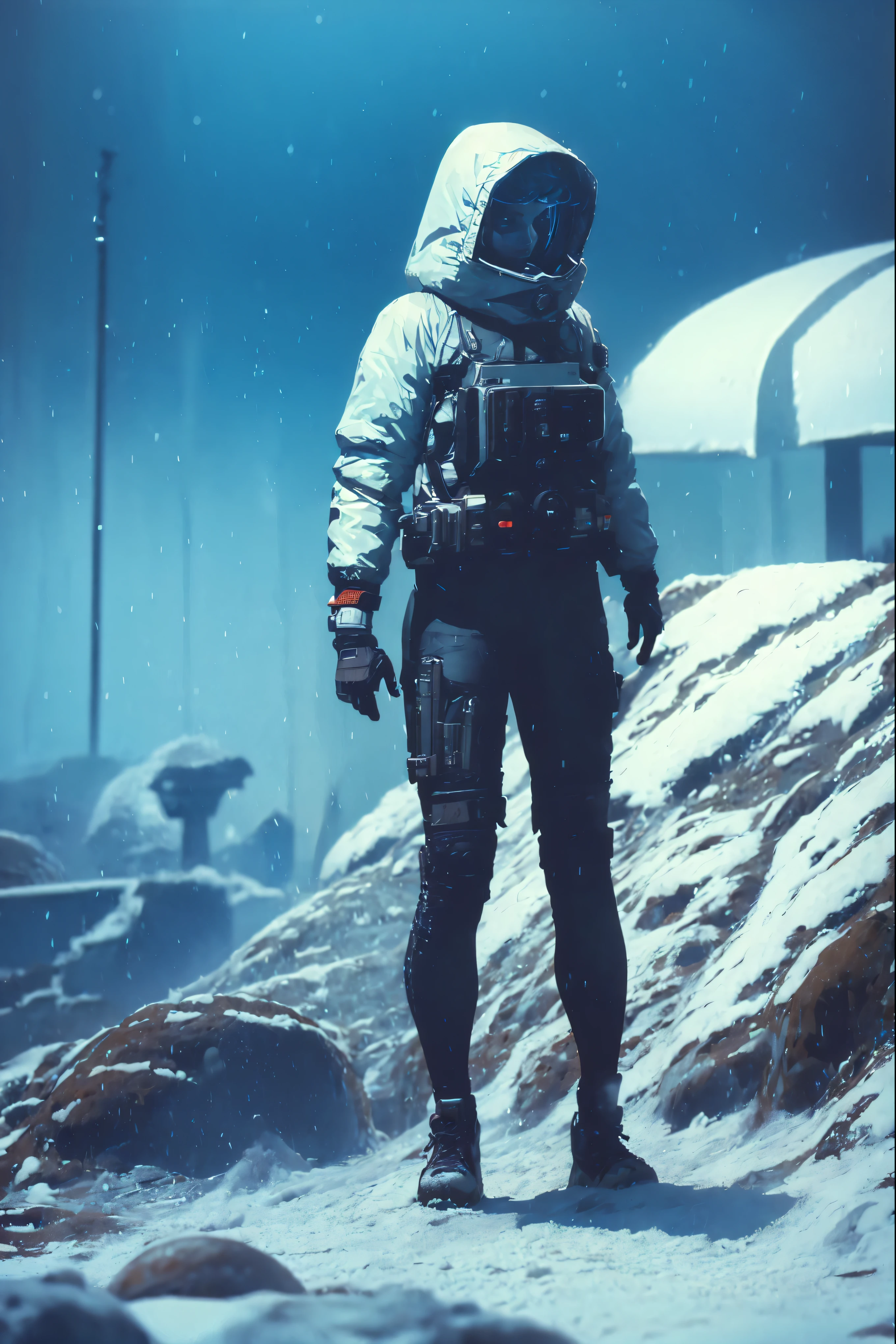 (masterpiece:1.2, photorealistic, best detail, award winning, 4k, 8k), 1girl, young, hazmat suit, torn clothes, (body horror), ArsMovieStill, outside in the snow, falling snow, strong winds, day, reseach station, realistic body proportions, anatomically correct, fine detail, vivid colors, soft lighting, full body, (sharpness:1.3)