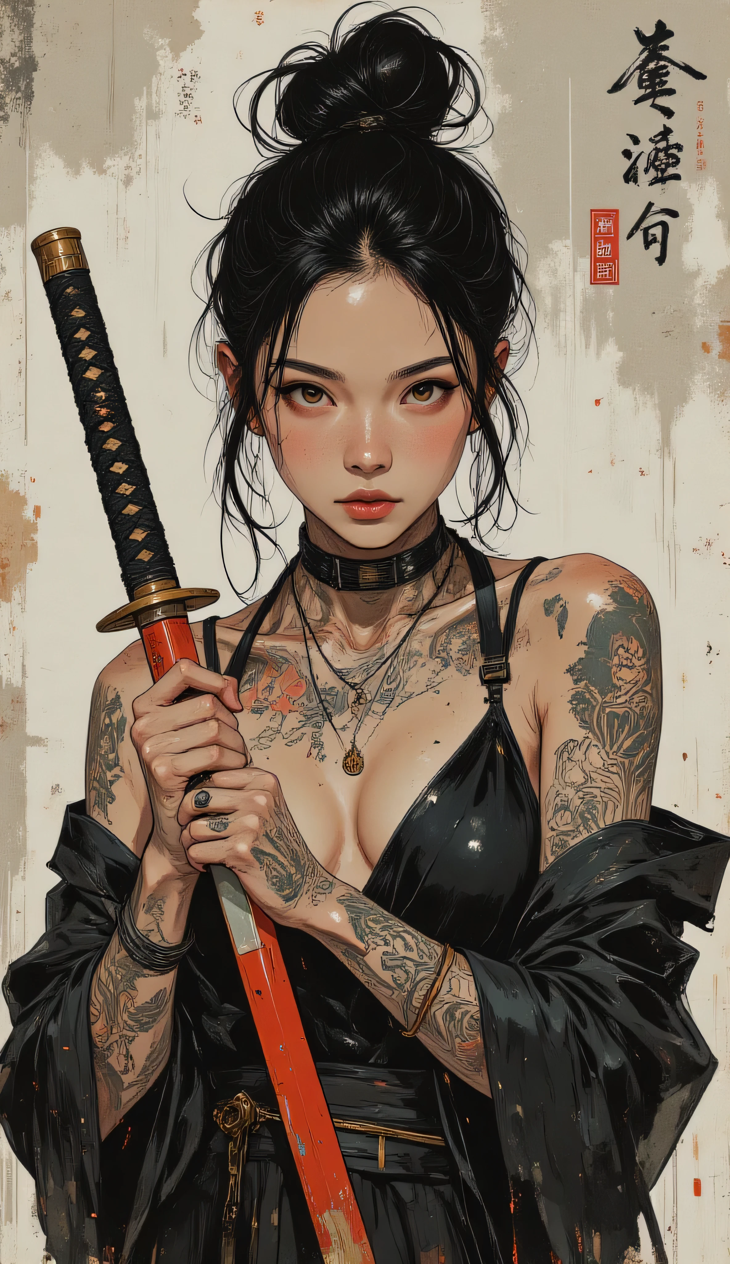
 score_9, score_8_up, score_7_up, score_6_up,
fusion of watercolors and oil paintings, mix of monochrome and color, black ink, a sexy woman with a focused expression, holding a katana. Her hair is styled  in a messy bun, and she has light skin with freckles. She is wearing only a dark, revealing ( nsfw) rain-soaked robe, open on the big breast, and her face is partially turned to the side( front view).  The katana has a detailed hilt with a woven pattern in black and gold,  and the blade is sheathed in a red scabbard. The woman has several  tattoos on her arms and neck, including intricate designs and Japanese  characters. The background is blurred, suggesting a rainy setting, with  streaks of rain visible throughout the image, adding a dynamic and  dramatic effect. Clean line art, conveyed through expressive rough charcoal sketch marks on a distressed, old paper texture, with visible deckle edges and subtle tears, coming undone, into black ink, fading into the textured gray background.