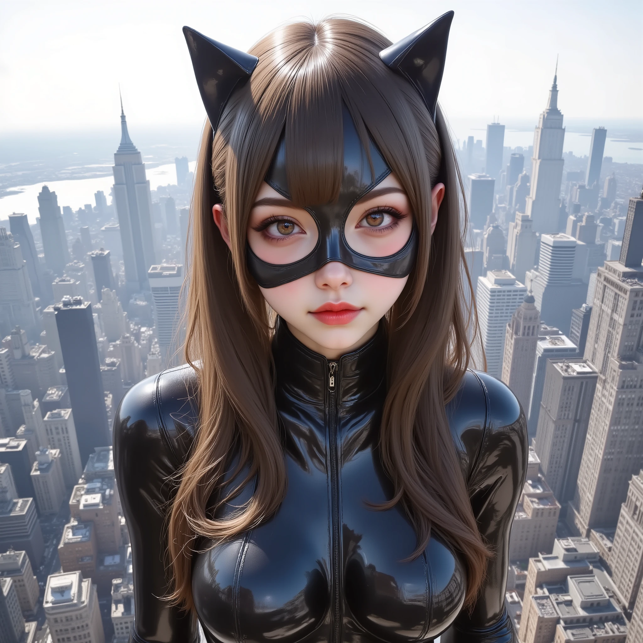 (((Highest quality 8k, 32K ))), best realistic work, score 9 , result 8, rating 7 , masterpiece, Ultra-surreal, Very detailed, Bust image of a cute anime girl looking straight at the camera, wearing a tight latex Catwoman suit, ((( Breathtaking hourglass body 1:5))), She is on top of a skyscraper in New York