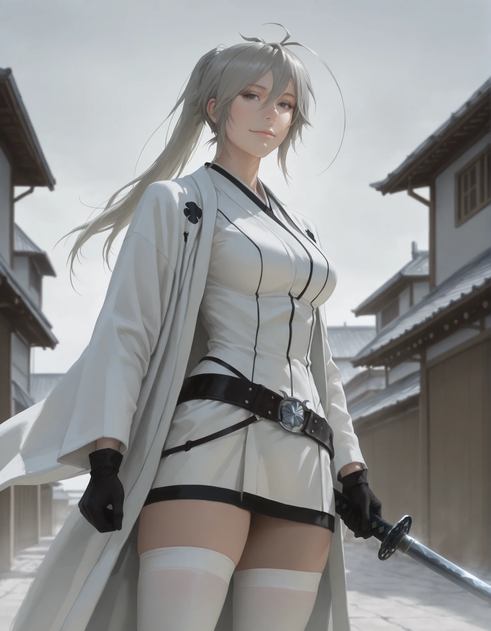 pseudo-realistic, semi-realism, realism, realistic, masterpiece, best quality, amazing quality, absurdres, newest, 1girl, solo, mm, mature female, long hair, ponytail, ahoge, grey hair, grey eyes, breasts, japanese clothes, gloves, white thighhighs, belt, kimono, white haori, holding katana, light smile, outdoors, looking at viewer, Arrancar_outfit