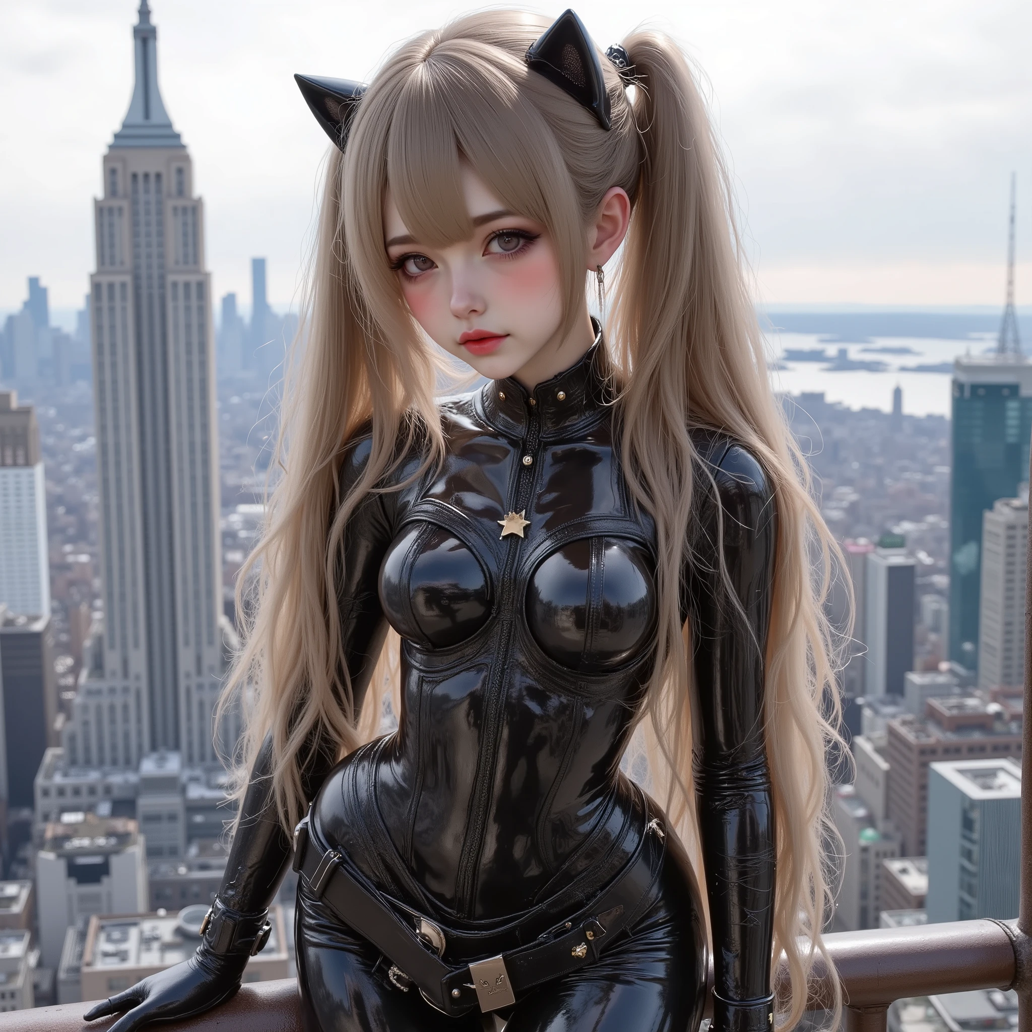(((Highest Quality 8k, 32K ))), Best Realistic Work, Score 9, Result 8, Rating 7, Masterpiece, Ultra Surreal, Very Detailed, Image of a cute anime girl looking straight into the camera, wearing a tight latex Catwoman suit, ((( Breathtaking hourglass body 1:5))), She is on top of a skyscraper in New York