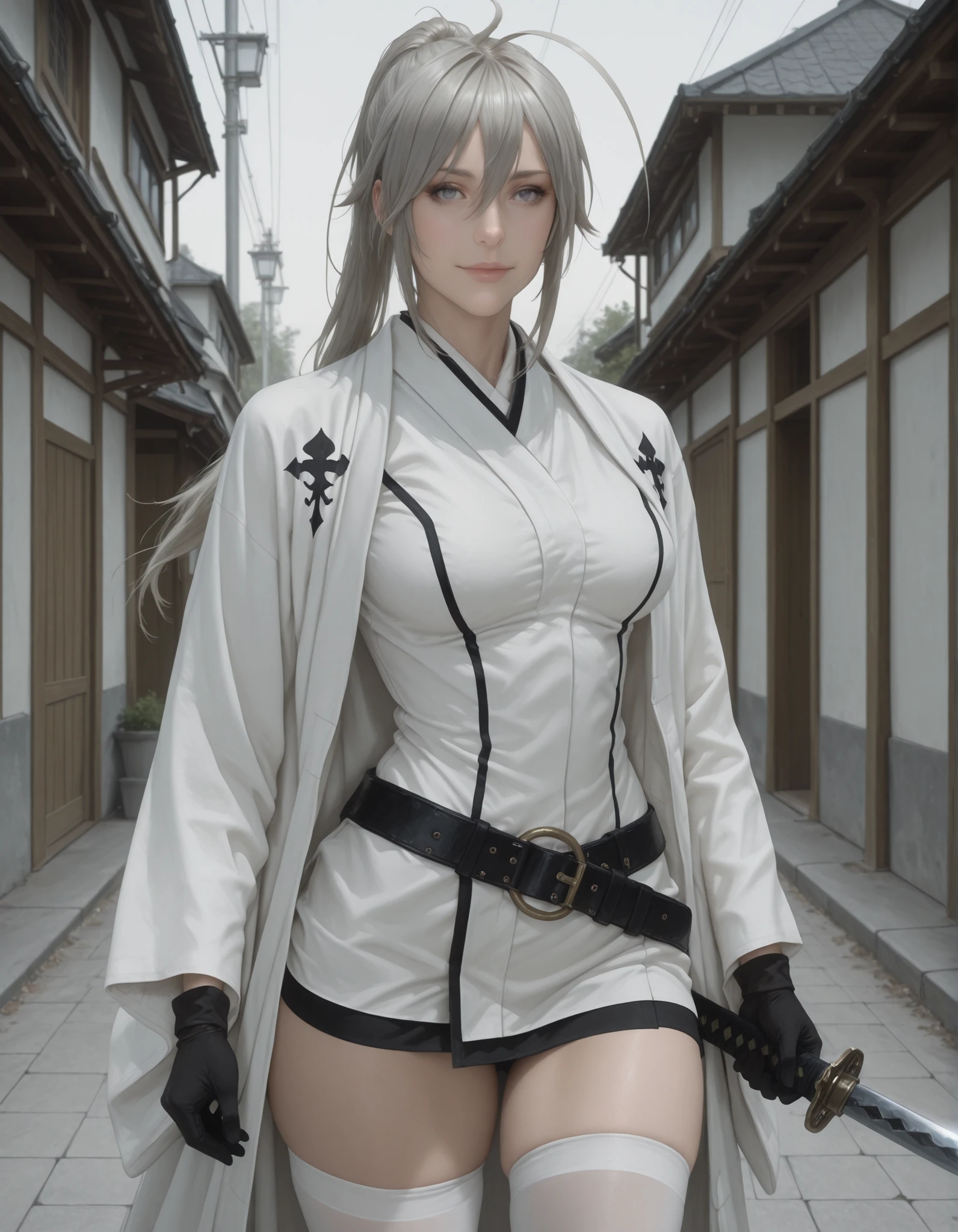 pseudo-realistic, semi-realism, realism, realistic, masterpiece, best quality, amazing quality, absurdres, newest, 1girl, solo, mm, mature female, long hair, ponytail, ahoge, grey hair, grey eyes, breasts, japanese clothes, gloves, white thighhighs, belt, kimono, white haori, holding katana, light smile, outdoors, looking at viewer, Arrancar_outfit