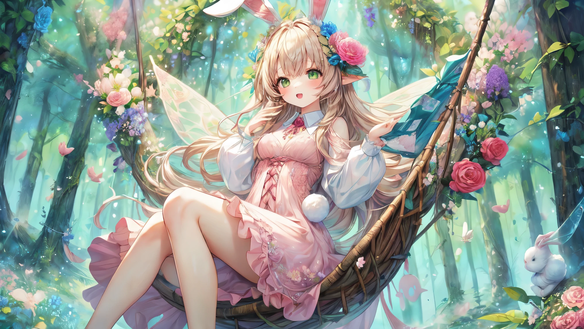 (Highest Quality, Super Detailed:1.5), 8k,(one girl), (Bunny Eared Elf Girl:1.5),Platinum Blonde Hair, very long hair, round eyes,(bunny ears grow:1.5), ( beautiful green eyes :1.5), Full Body, arms behind back, small breasts,(Beautiful Vines and Flowers々playing with fairies that look like rabbits:1.5),( beautiful flowers 々is in full bloom:1.5), (The background is a beautiful fantastic forest:1.5), (long-sleeved white and pink ruffle collared dress:1.5), (I'm sitting in a hammock woven with:1.5),(biologically accurate rabbits:1.5),
