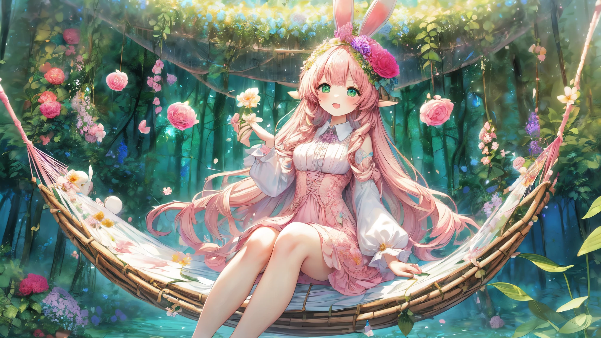 (Highest Quality, Super Detailed:1.5), 8k,(one girl), (Bunny Eared Elf Girl:1.5),Platinum Blonde Hair, very long hair, round eyes,(bunny ears grow:1.5), ( beautiful green eyes :1.5), Full Body, arms behind back, small breasts,(Beautiful Vines and Flowers々playing with fairies that look like rabbits:1.5),( beautiful flowers 々is in full bloom:1.5), (The background is a beautiful fantastic forest:1.5), (long-sleeved white and pink ruffle collared dress:1.5), (I'm sitting in a hammock woven with:1.5),(biologically accurate rabbits:1.5),