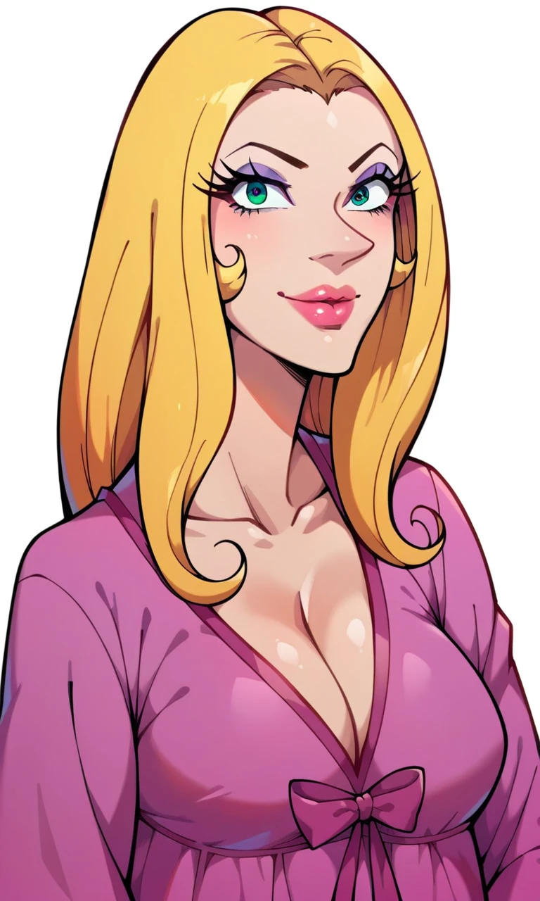 Thin woman, 4K, beautiful smiling, teacher in pink v-neck dress shirt (with ruffles) and white pearl necklace, red belt, long black frilled skirt, Caucasian skin, round glasses, blonde hair with round ponytail, eyes browns, busty. comic style, white background.