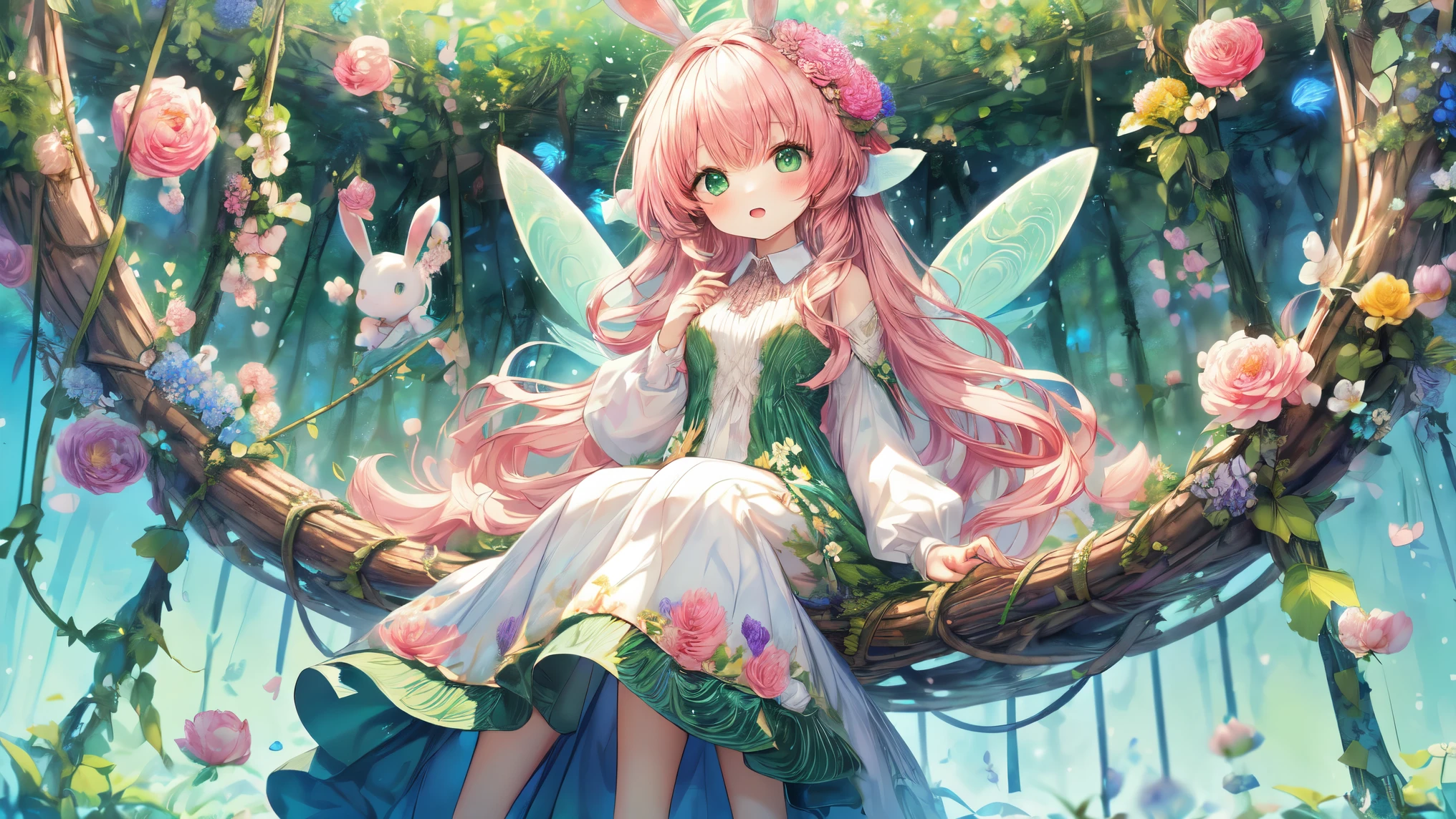 (Highest Quality, Super Detailed:1.5), 8k,(one girl), (Bunny Eared Elf Girl:1.5),Platinum Blonde Hair, very long hair, round eyes,(bunny ears grow:1.5), ( beautiful green eyes :1.5), Full Body, arms behind back, small breasts,(Beautiful Vines and Flowers々playing with fairies that look like rabbits:1.5),( beautiful flowers 々is in full bloom:1.5), (The background is a beautiful fantastic forest:1.5), (long-sleeved white and pink ruffle collared dress:1.5), (I'm sitting in a hammock woven with:1.5),(biologically accurate rabbits:1.5),