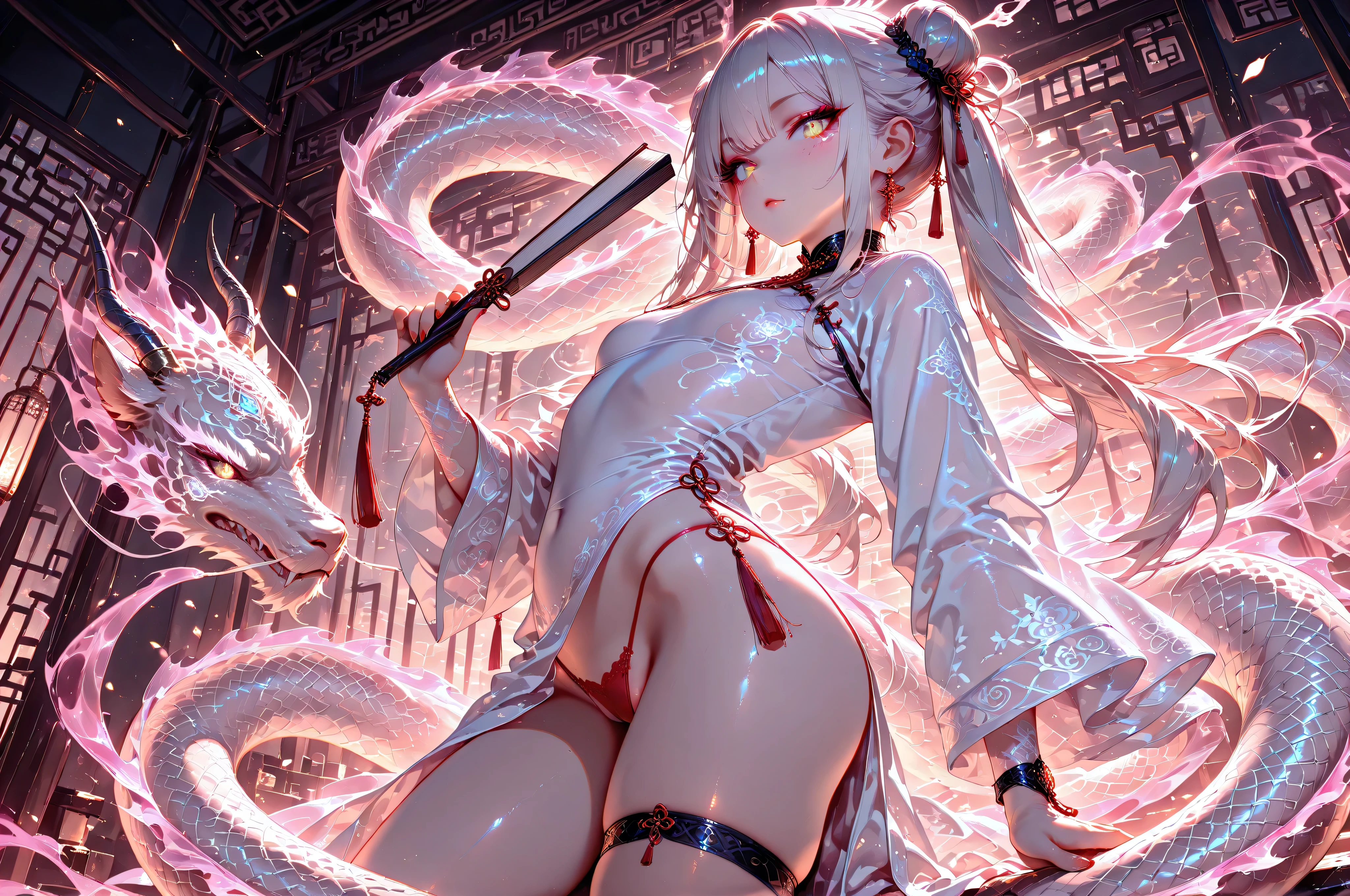 HDR,Dynamic lighting,masterpiece, best quality,detailed, high resolution, 8k, highly detailed, ultra detailed, beautiful lighting,best quality,  collar, jewels, makeup, long hair, chinese dress, dragon tatto in thighs, holding a fan in left hand, Tiger girls, loli, from side, no censor, micro panties