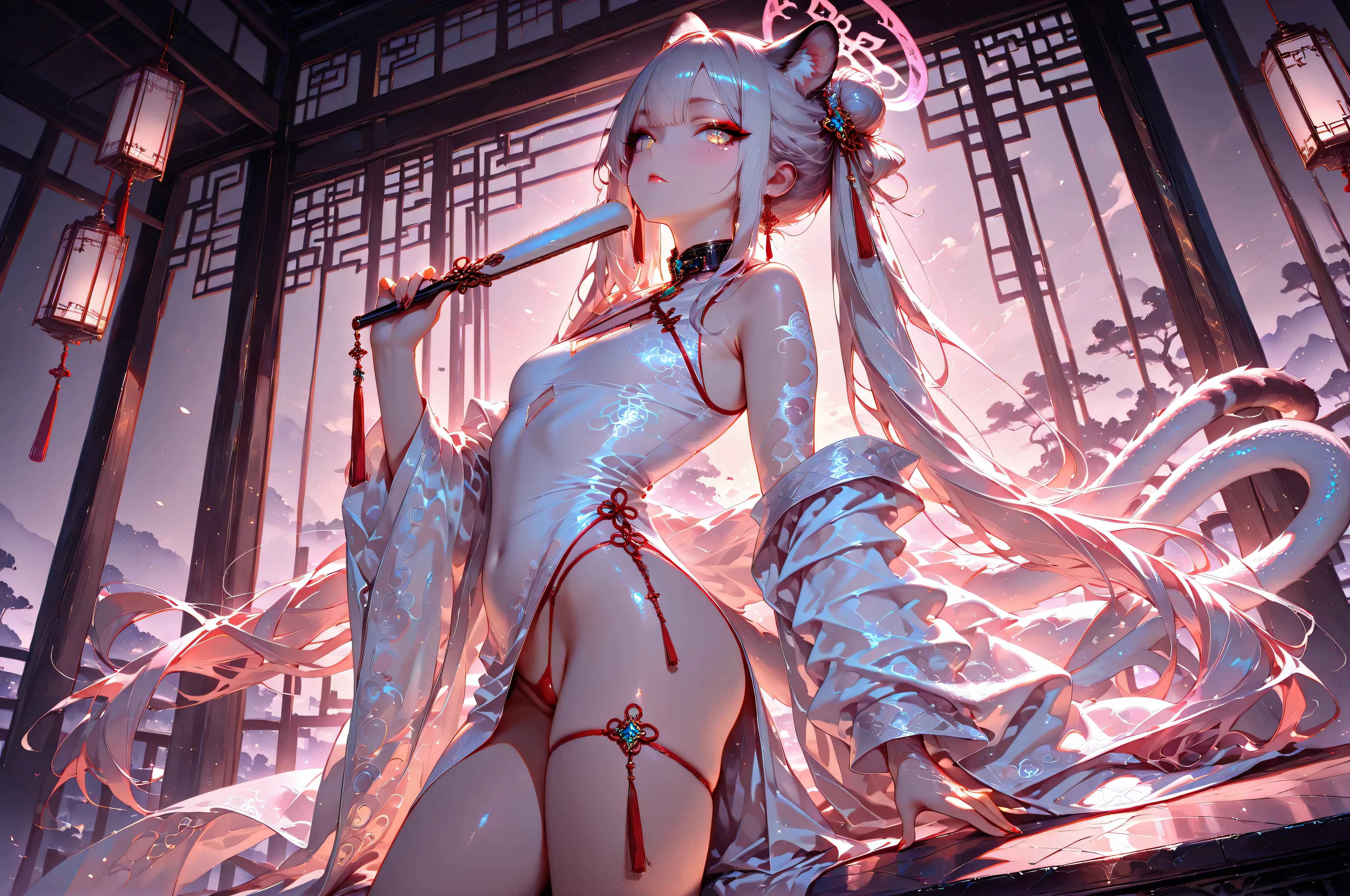 HDR,Dynamic lighting,masterpiece, best quality,detailed, high resolution, 8k, highly detailed, ultra detailed, beautiful lighting,best quality,  collar, jewels, makeup, long hair, chinese dress, dragon tatto in thighs, holding a fan in left hand, Tiger girls, loli, from side, no censor, micro panties