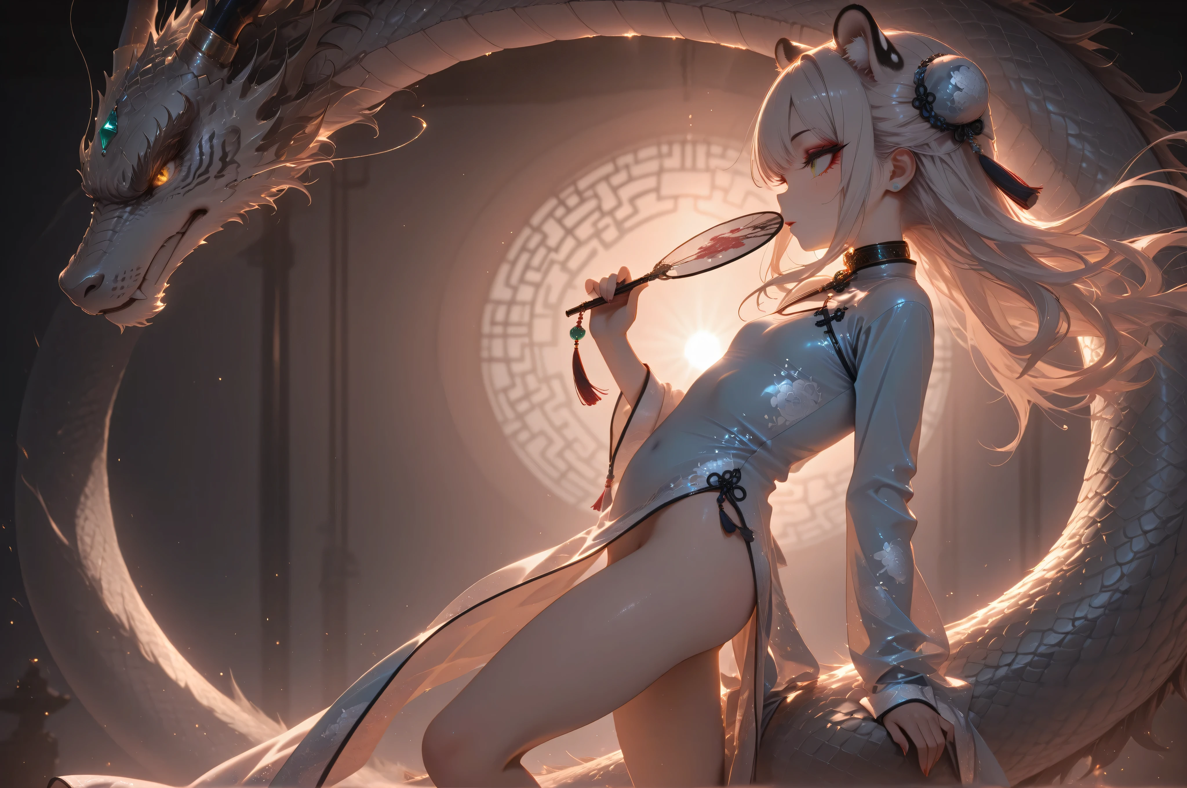 HDR,Dynamic lighting,masterpiece, best quality,detailed, high resolution, 8k, highly detailed, ultra detailed, beautiful lighting,best quality,  collar, jewels, makeup, long hair,chinese dress, dragon tatto in thighs, holding a fan in left hand, Tiger girls, loli, from side, no censor