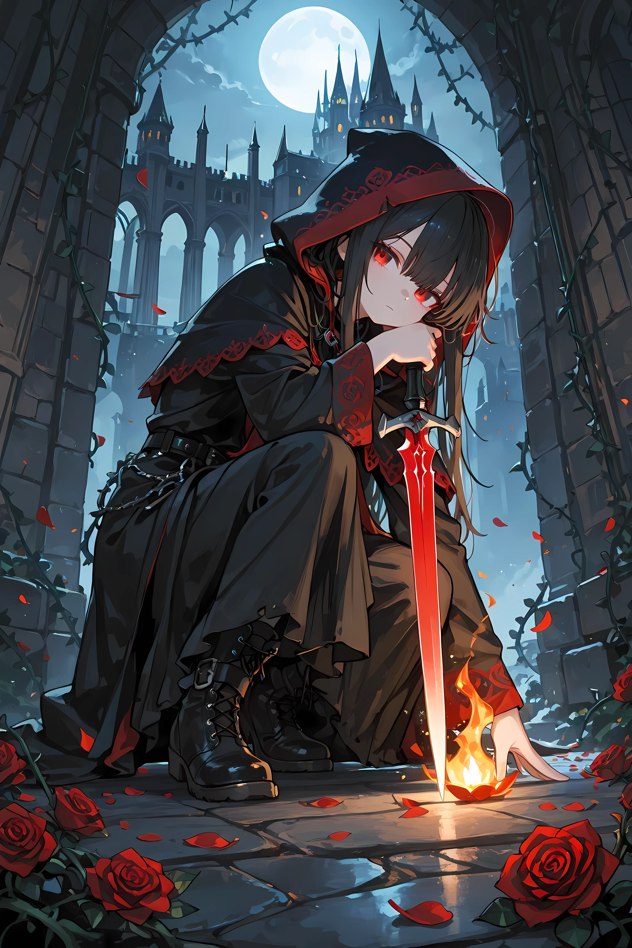 Cute, 748cm style, (Masterpiece Level: 1.2, Highest Quality),
(Beautifully Detailed Eyes: 1.3), (Meticulously Detailed CG, Ultra-High Definition),
(Extremely Detailed and Beautiful: 1.1), (Perfect detail rendering: 1.1),
Solo, only one girl, black long hair, red eyes,
Subtly eerie, cinematic lighting, mysterious atmosphere,
Anime style, top-down perspective.
A small assassin girl with a hood, adorned with a vivid red rose on the hood.
Holds a simple steel dagger in her right hand only (reverse grip: 1.3), (one-handed grip: 1.3), blade pointing downward.
The dagger has a simple, realistic weapon design, cold steel, short—about two palm lengths.
(No glow, no flame, no fire, not burning, no energy, no aura, no light effects, no magic,
not long, not a sword, not two-handed, no rose in hand).
Roses are scattered only at her feet, petals dancing in the wind.
Her youthful, innocent features contrast with her cold, upward gaze.
Her black robe, embroidered with deep crimson, sways in the shadows.
Background: A ruined castle tower, moonlight illuminating stone walls entwined with vines and roses.
Her feet are not bare, clad in dark leather boots. Footsteps vanish into the night's darkness.