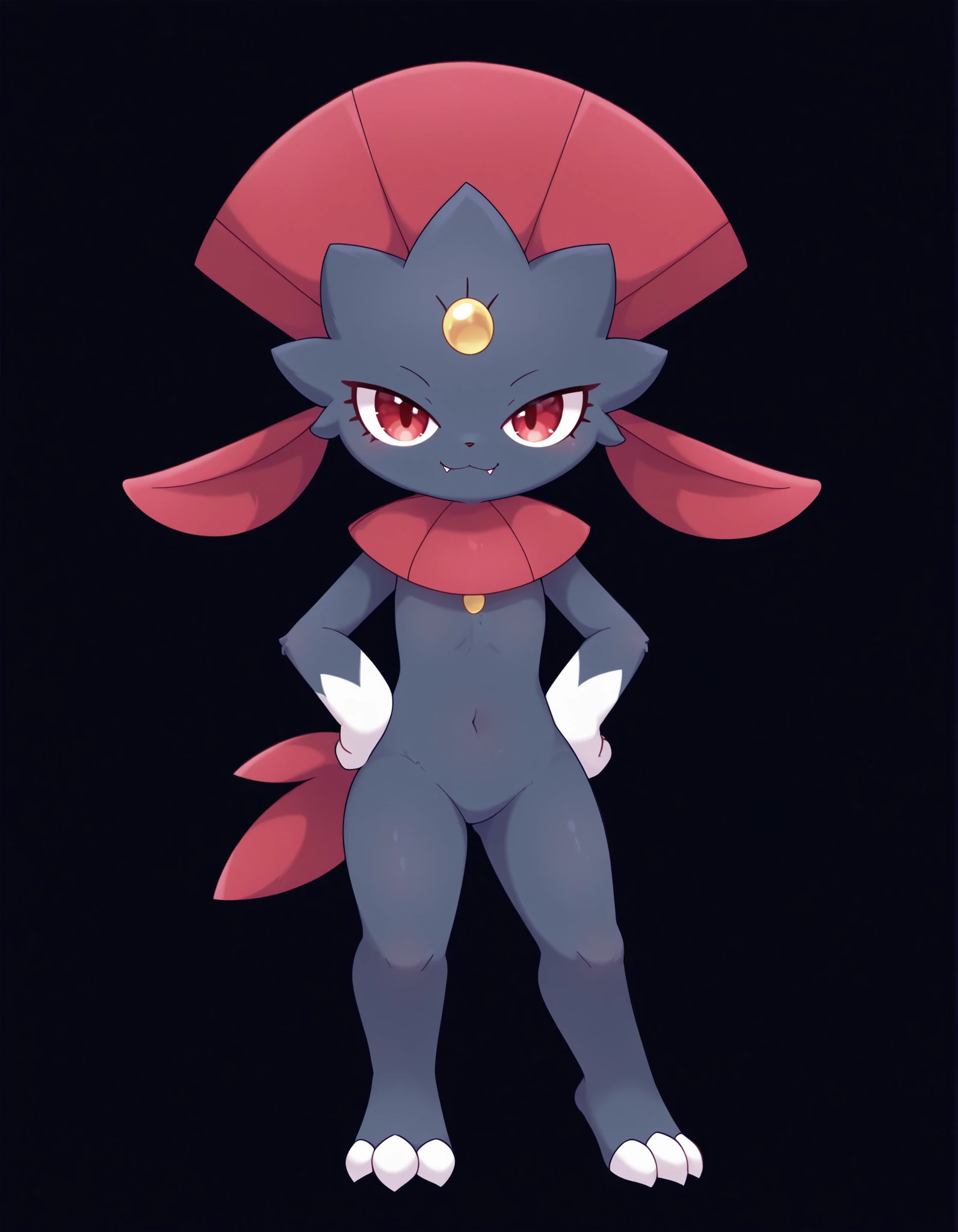 pearlykf, furry,, (masterpiece, best quality, very aesthetic, absurdres, shaded, black background), pokemon (creature), weavile, ((solo)), full body, (flat chest:1.2), female,, standing, front view, fangs, looking at viewer, smile,