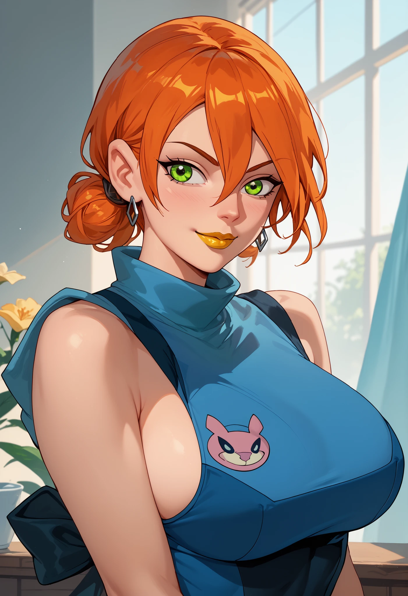 woman, green eyes, orange hair, big breasts, anime style, yellow lipstick, Gwen, white skin, sensual smile